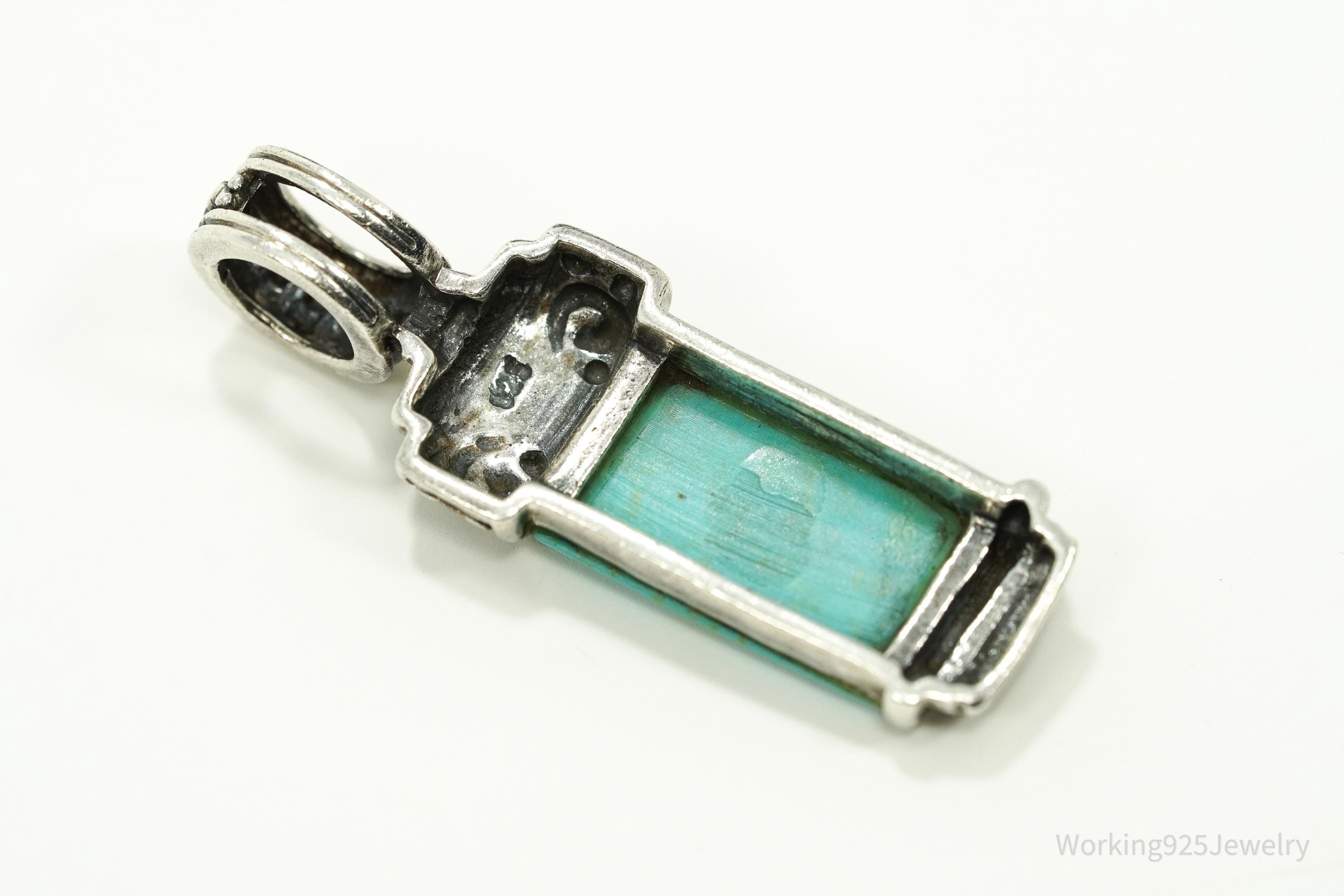 Vintage Turquoise Sterling Silver Necklace Pendant 1.75"
