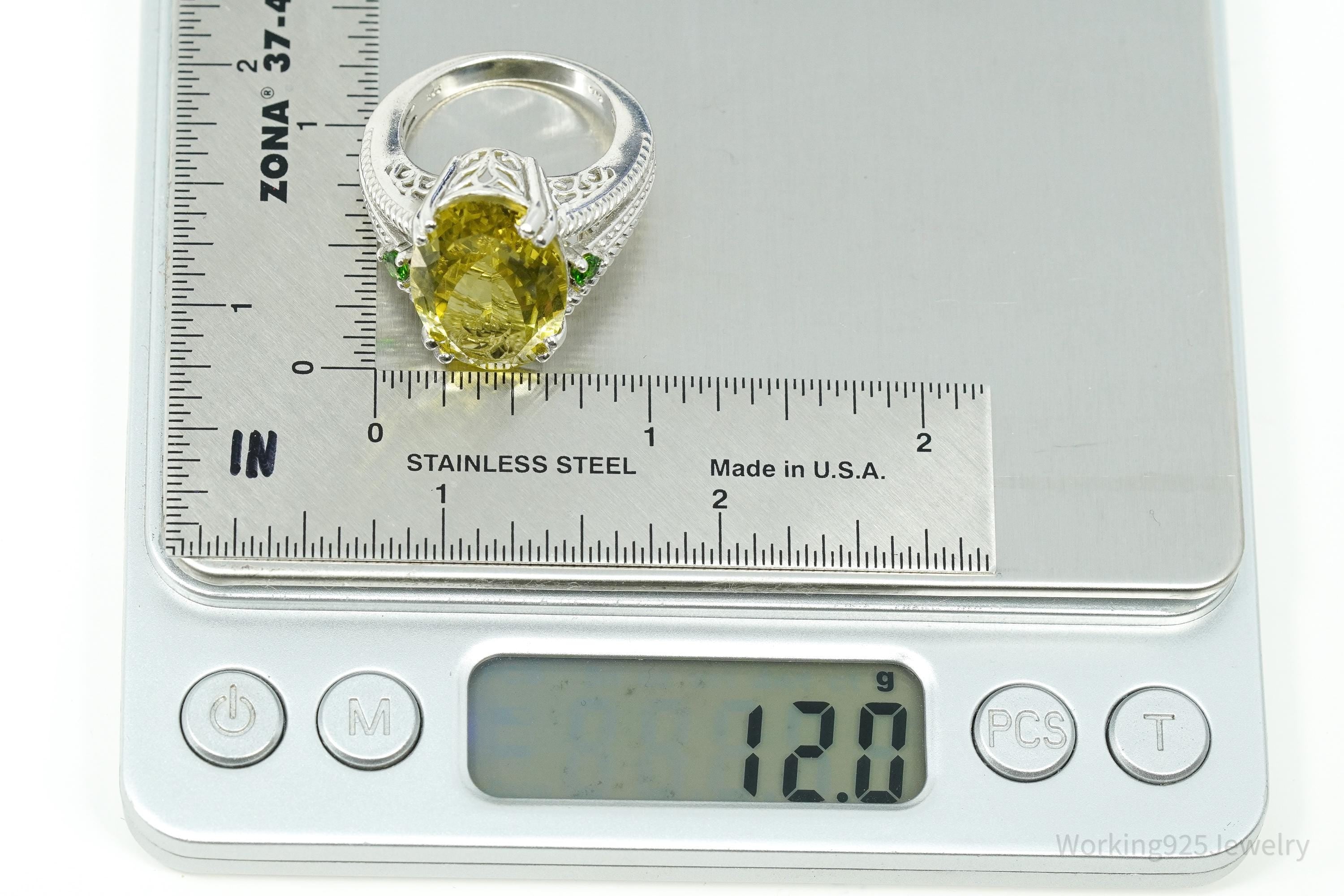 Vintage Large Lemon Quartz & Green Chrome Diopside Sterling Silver Ring Size 10