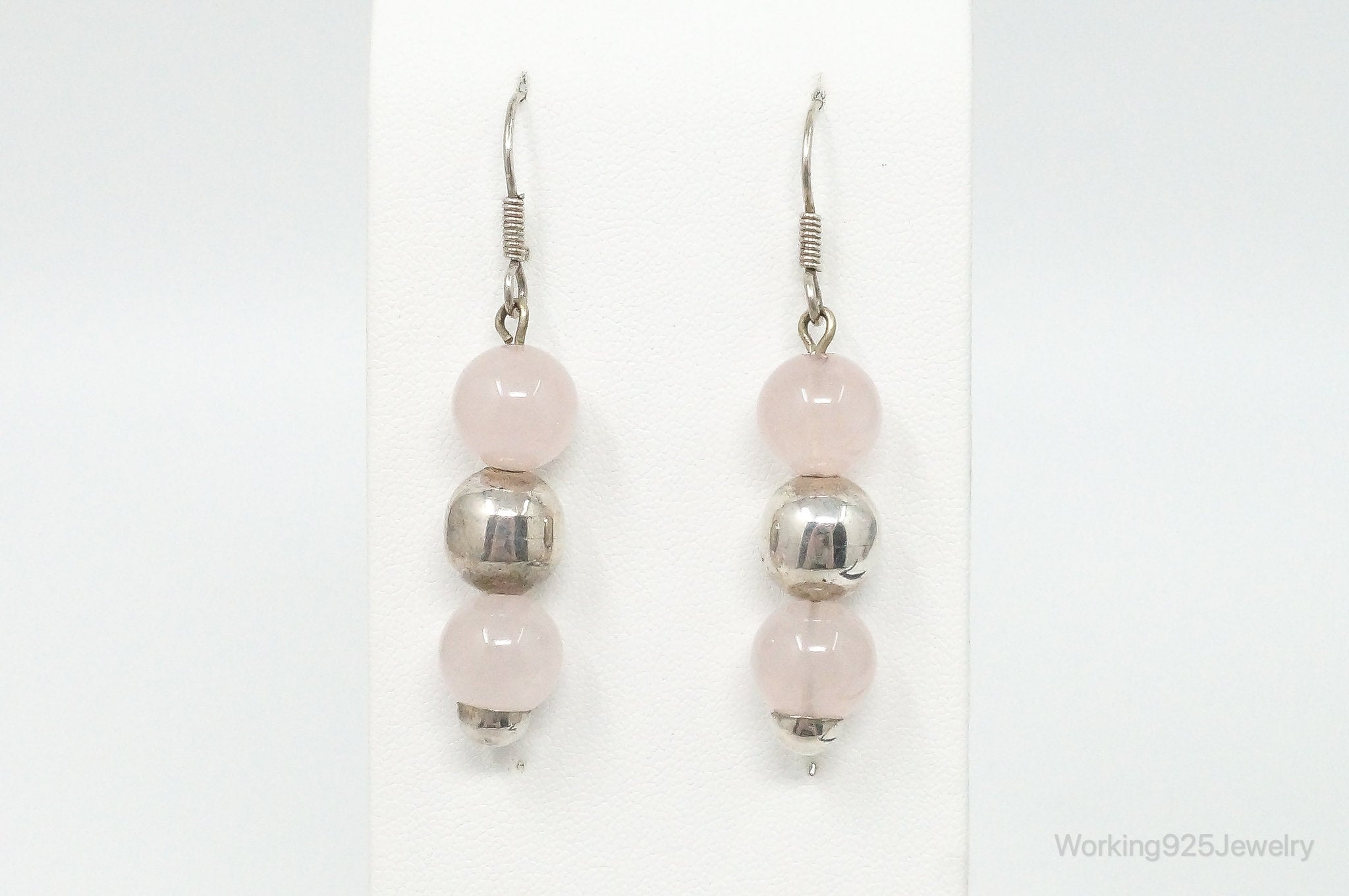 Vintage Rose Quartz Sterling Silver Dangle Earrings