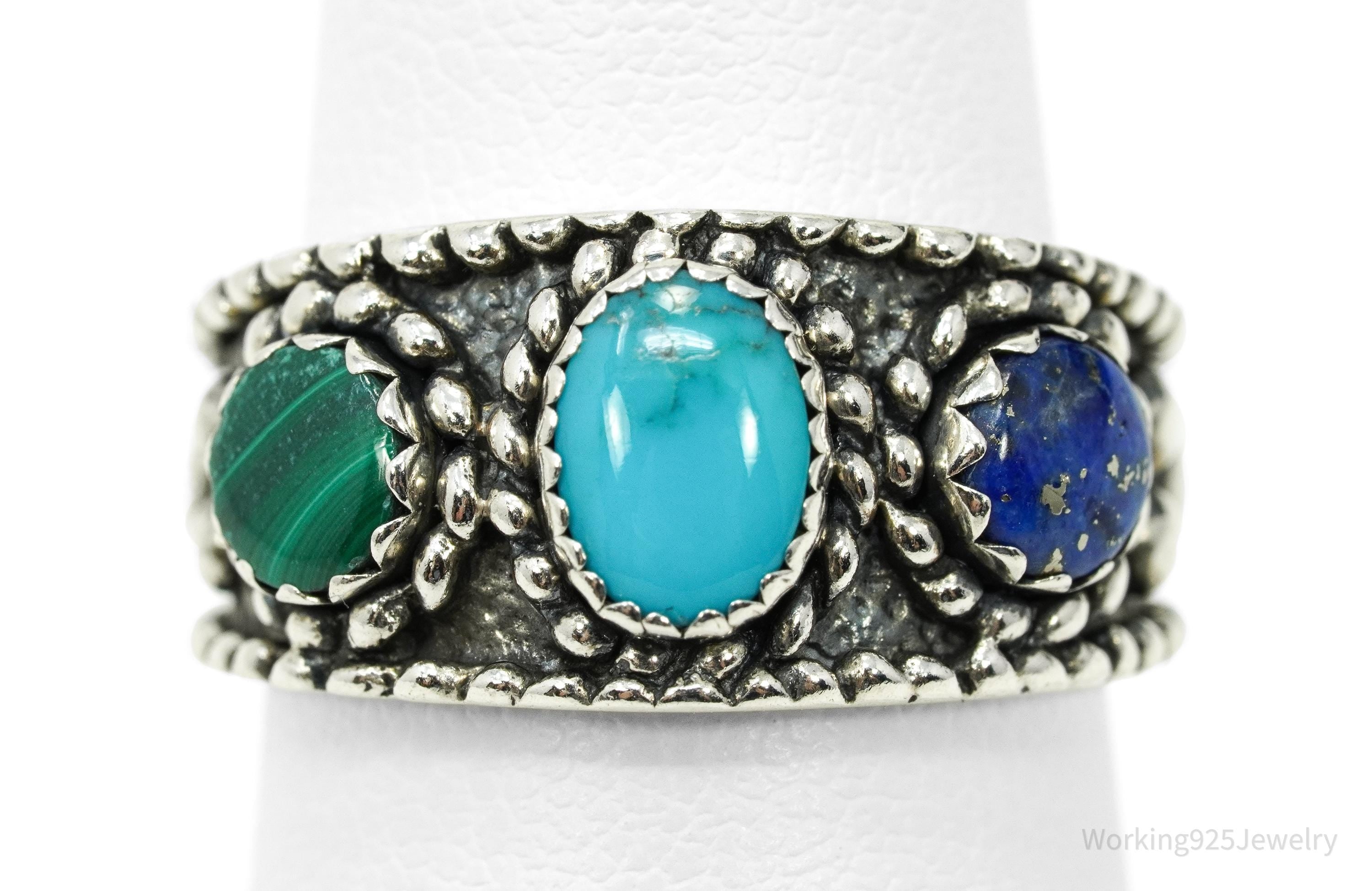 Vintage Native Designer QT Quoc Multi Gem Sterling Silver Ring - Size 6