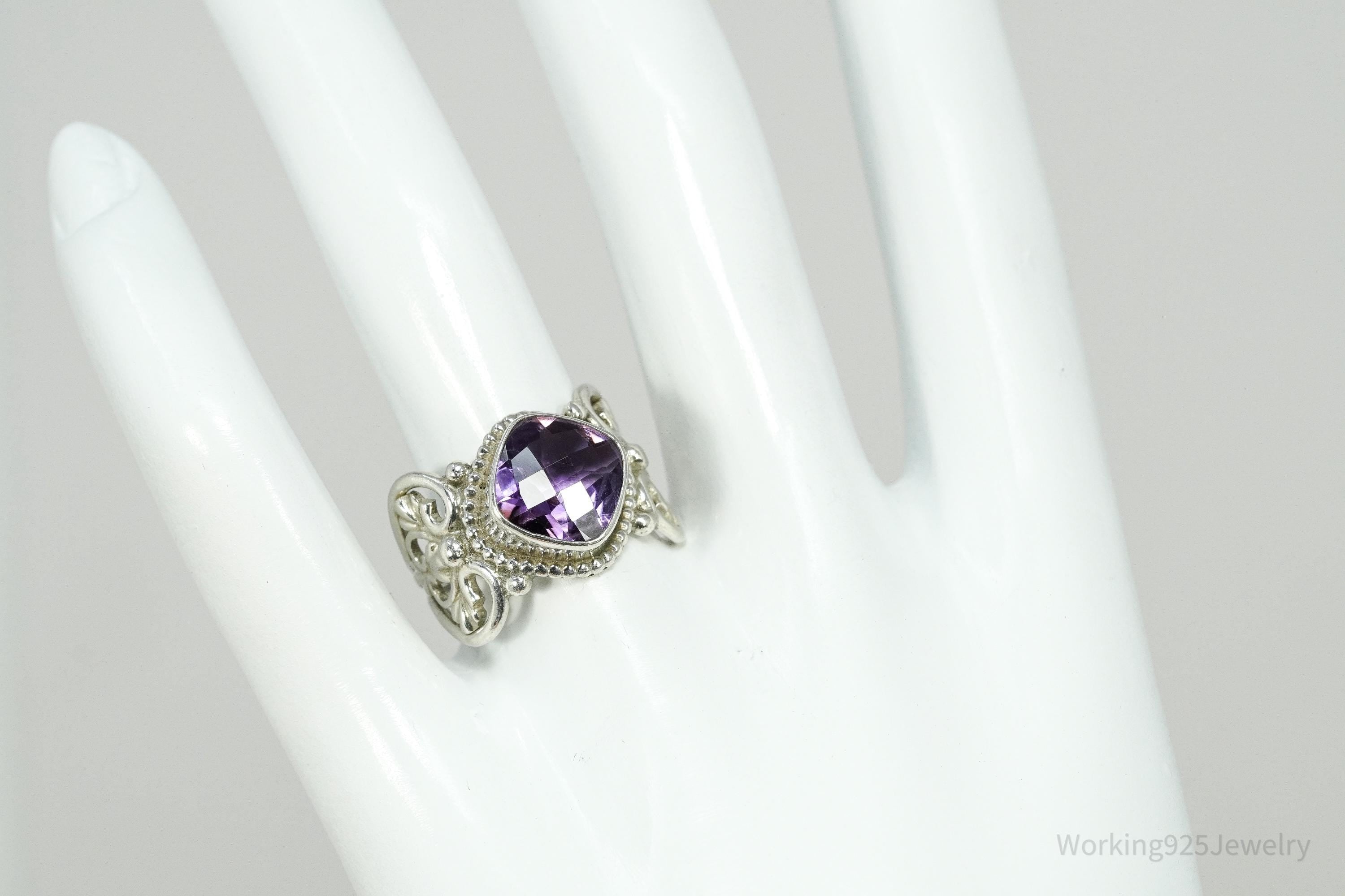 Vintage Nepal Purple Amethyst Sterling Silver Ring Size 7