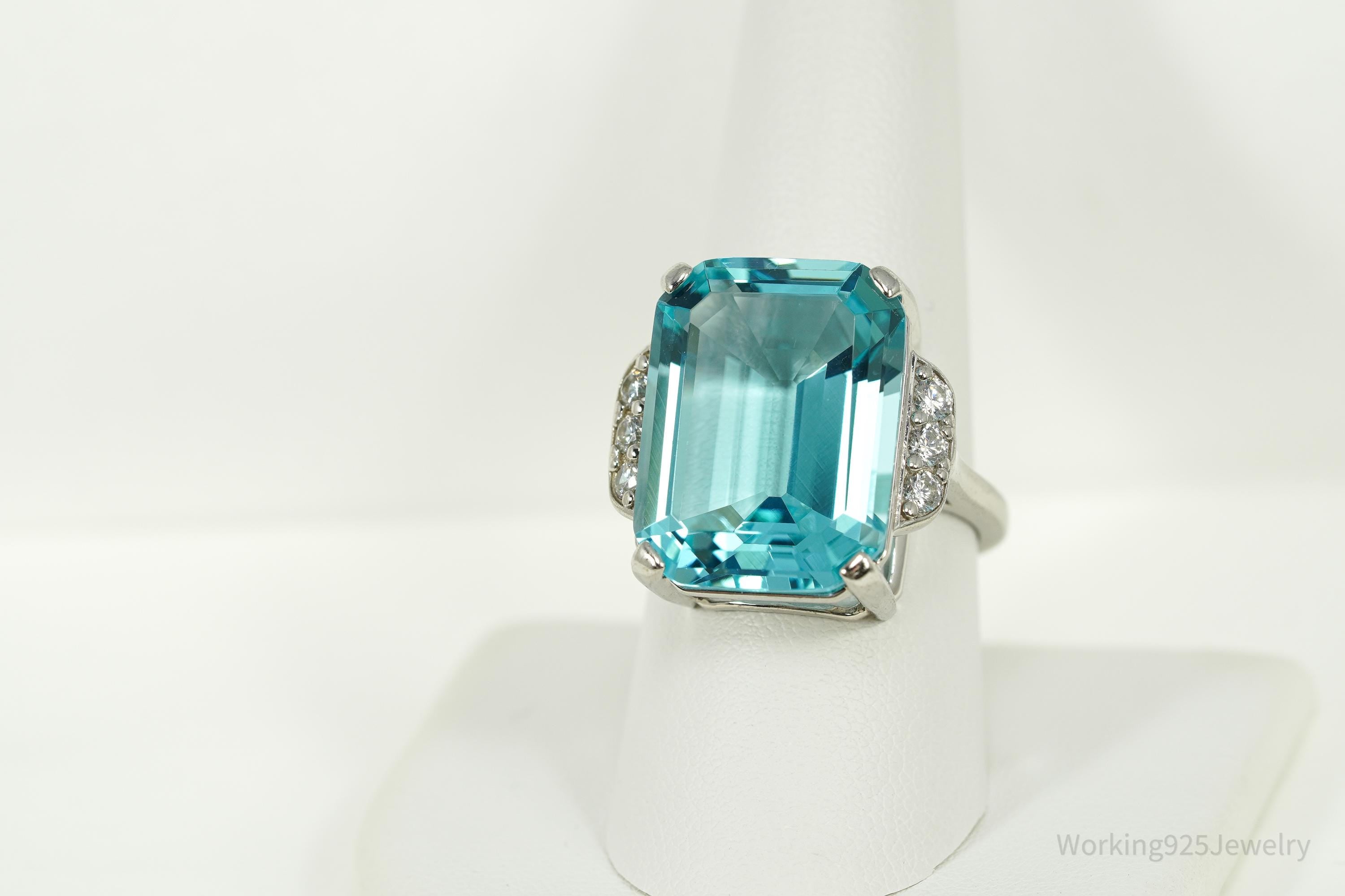 Vintage Large Blue Topaz & Cubic Zirconia Sterling Silver Ring - Size 9