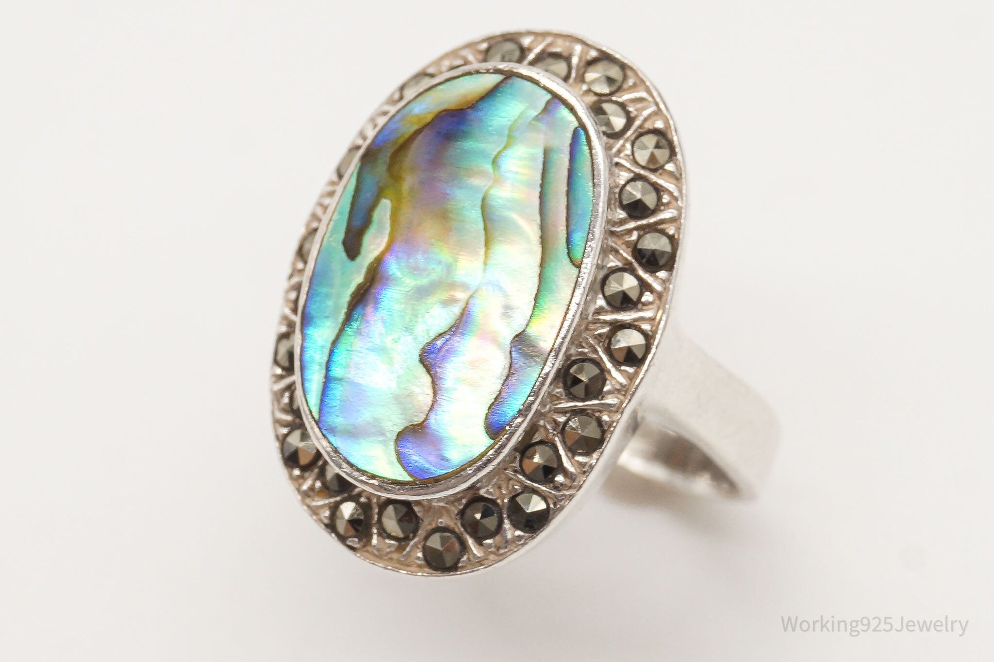 Vintage Paua Abalone Shell Marcasite Sterling Silver Ring - Size 8