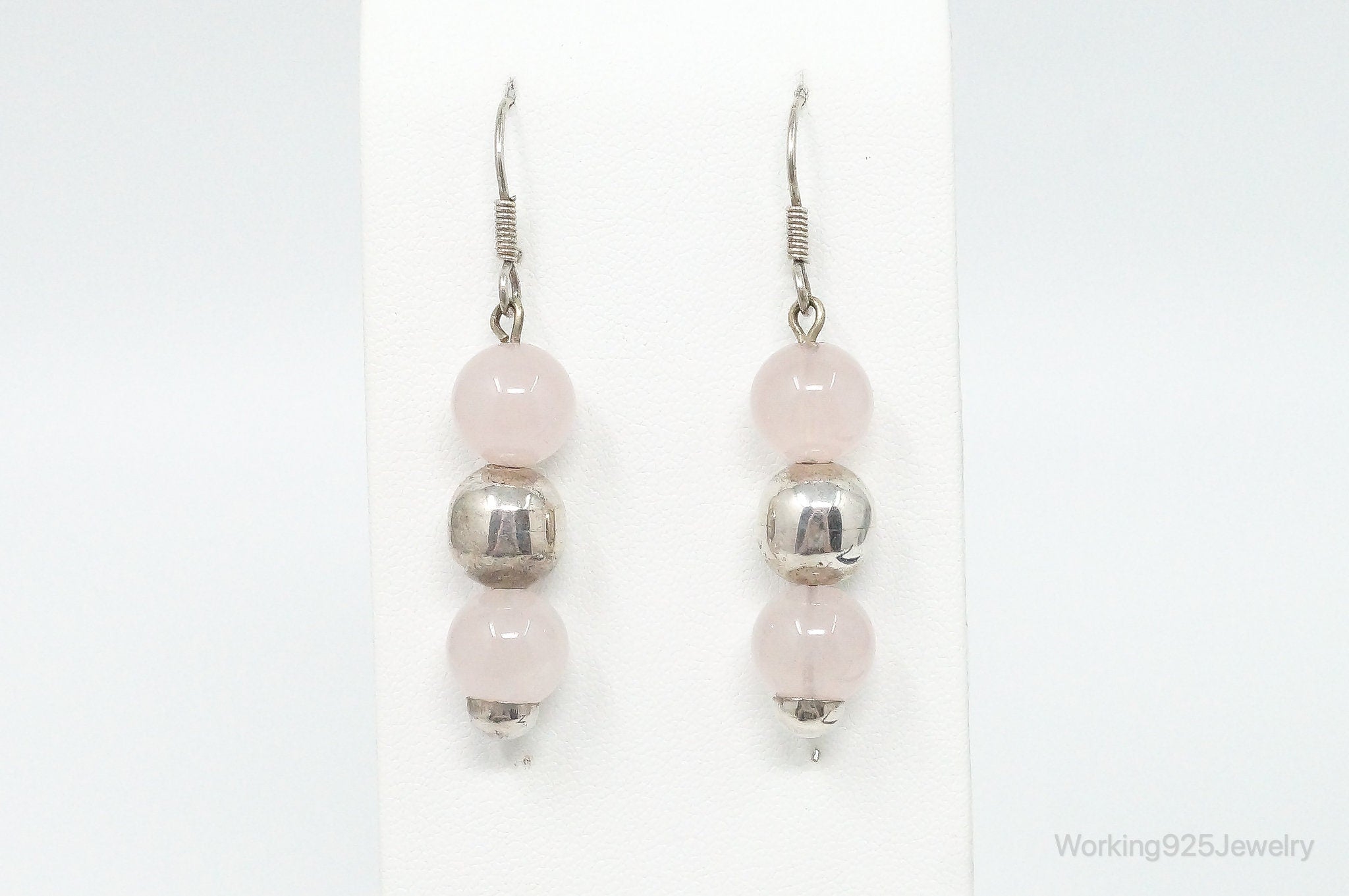 Vintage Rose Quartz Sterling Silver Dangle Earrings