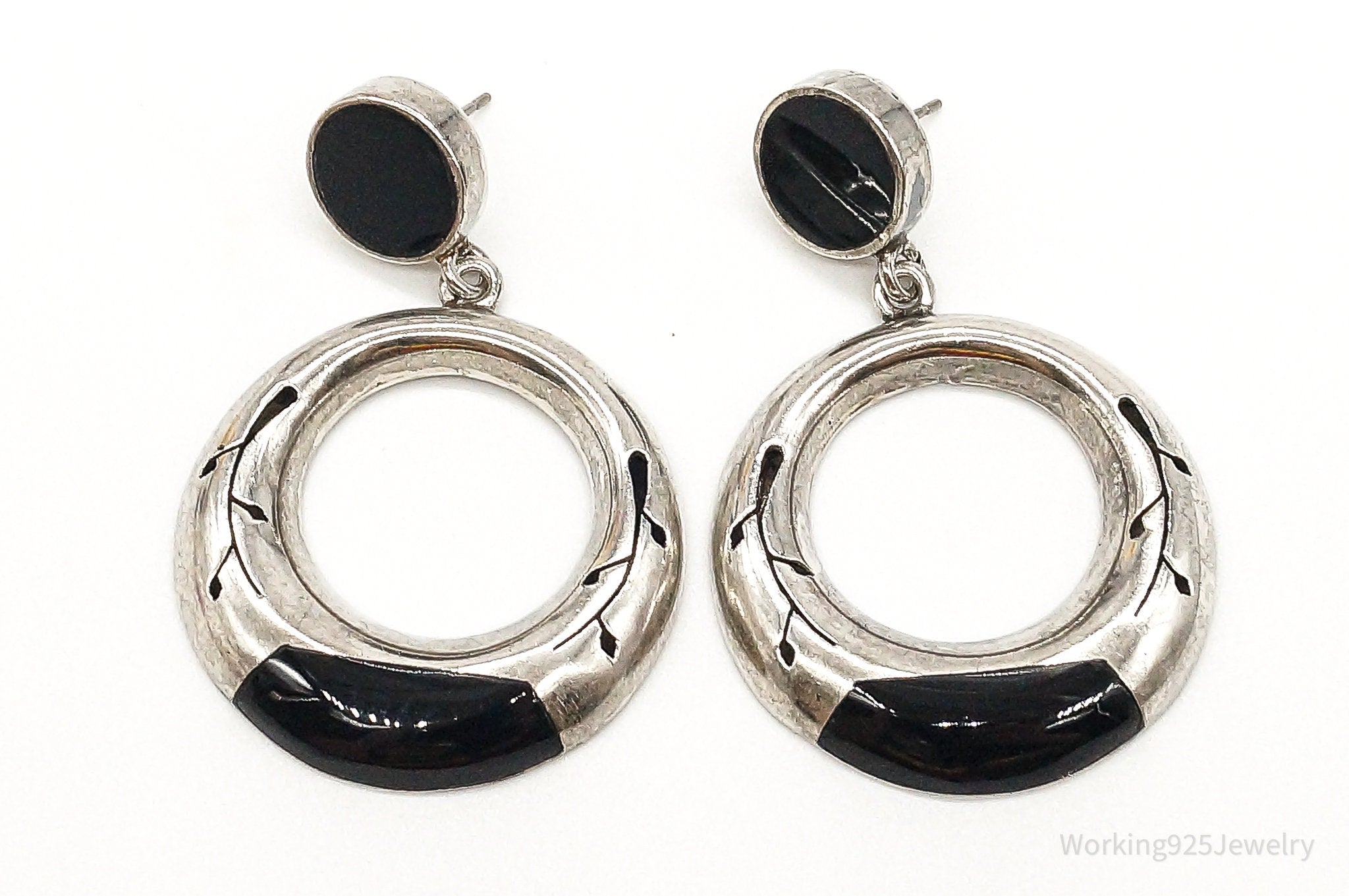 Vintage Mexico Black Onyx 950 Silver Southwestern Style Earrings