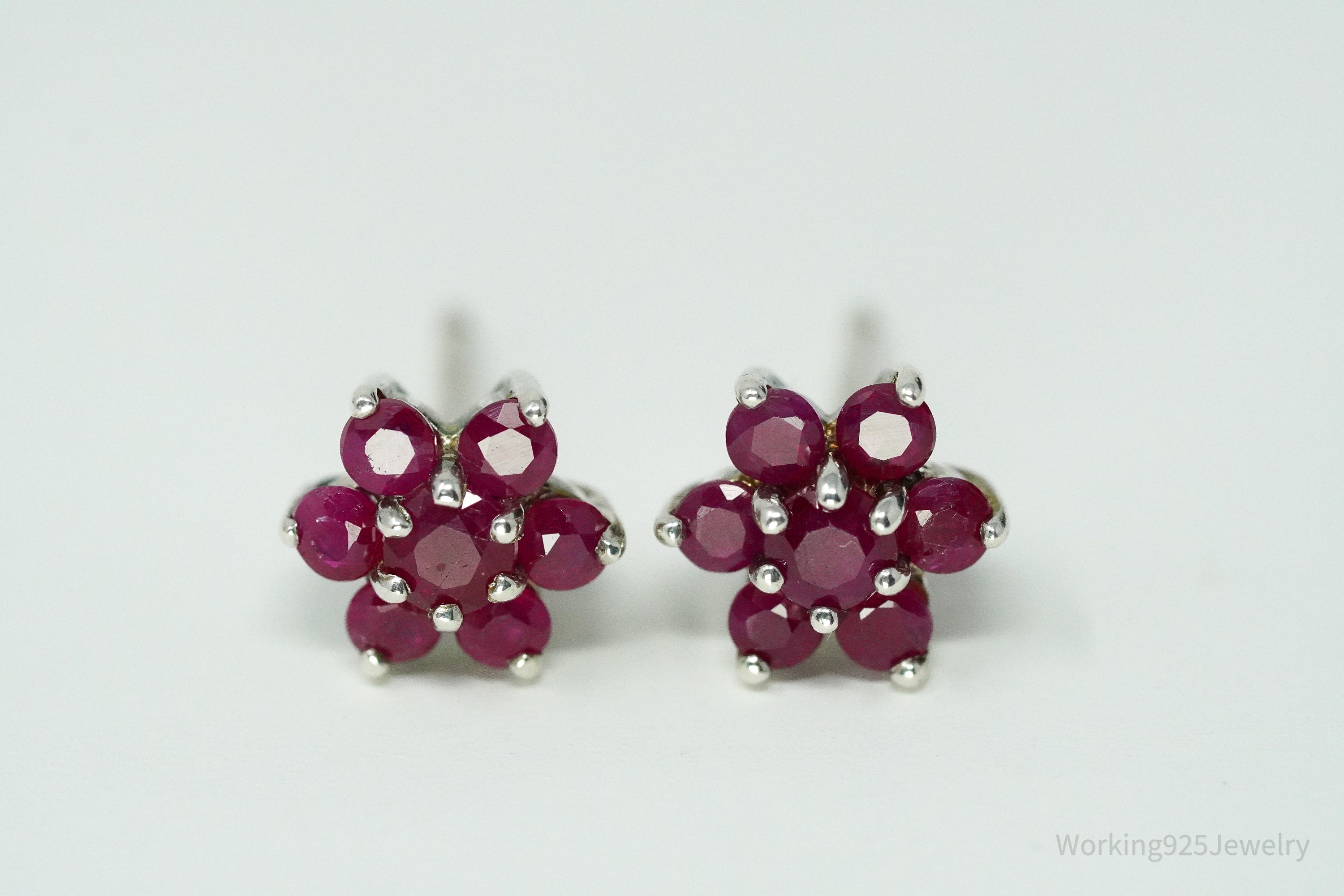 Vintage Ruby Flower Silver Earrings