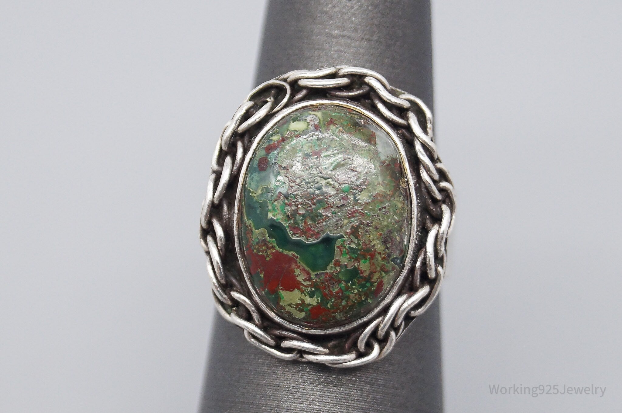 Vintage Red Green Jasper Silver Ring - Size 5