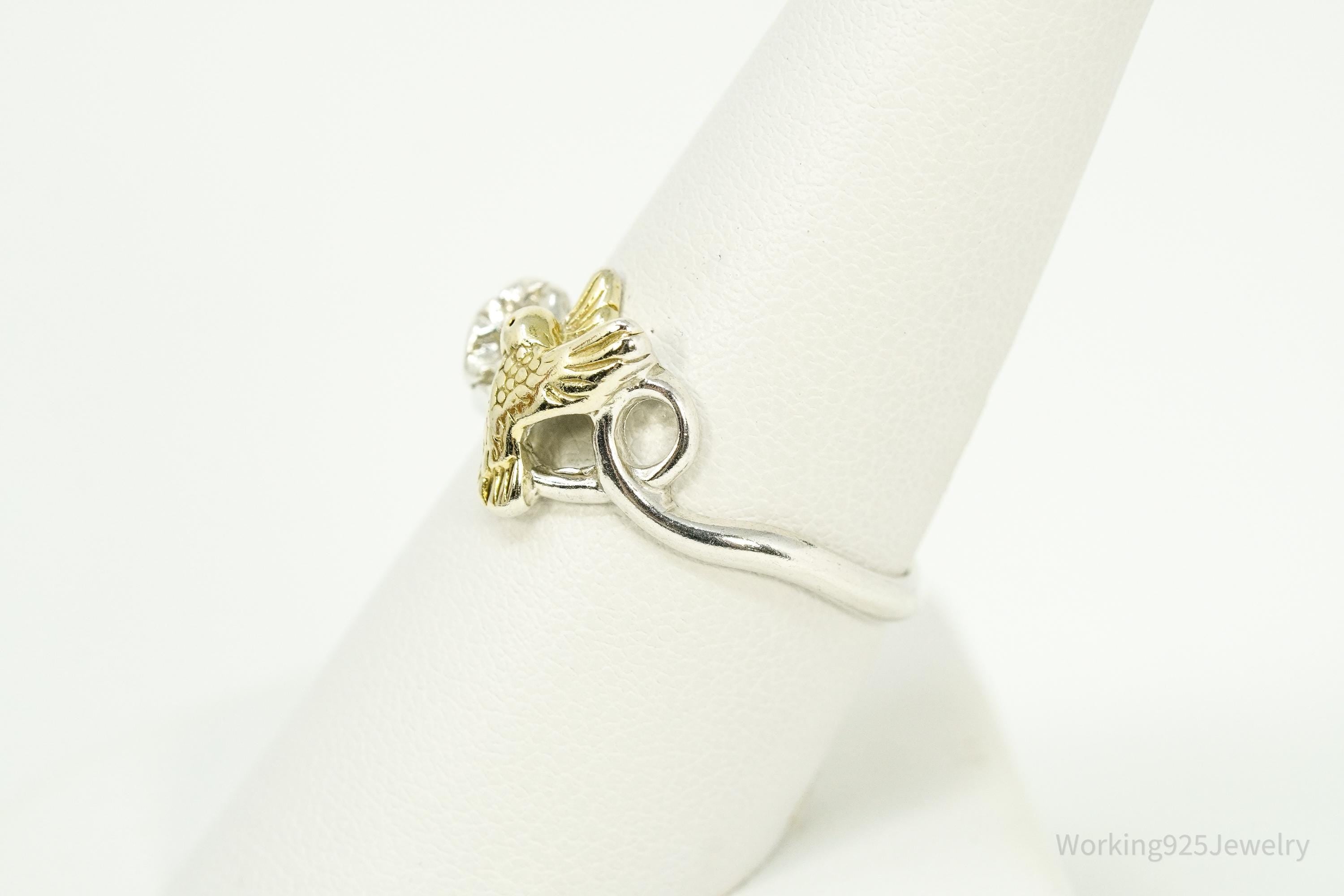 Vintage Gold Vermeil Sterling Silver Humming Bird & Flower Ring - Size 8.75