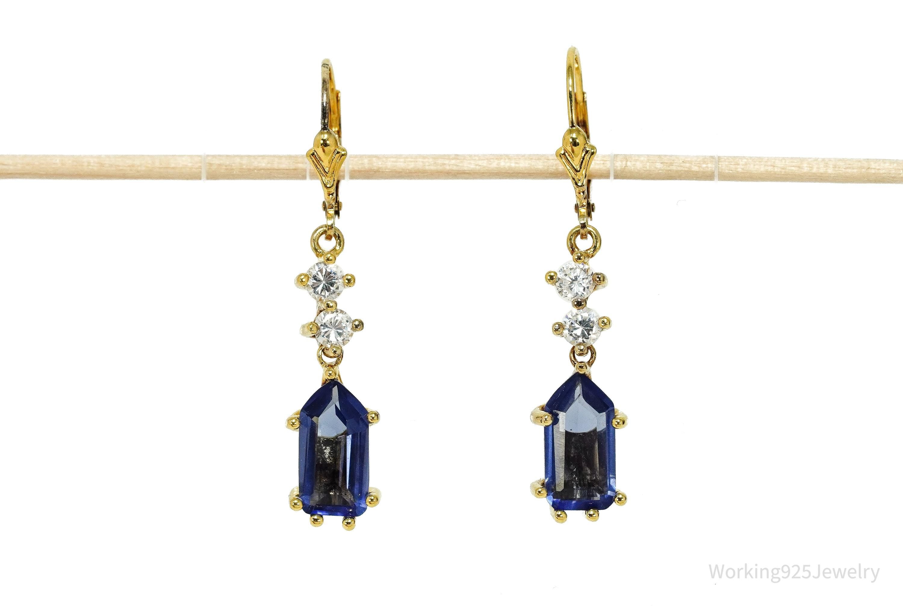 Vintage Lab Created Tanzanite & Cubic Zirconia Gold Vermeil Sterling Silver Earrings