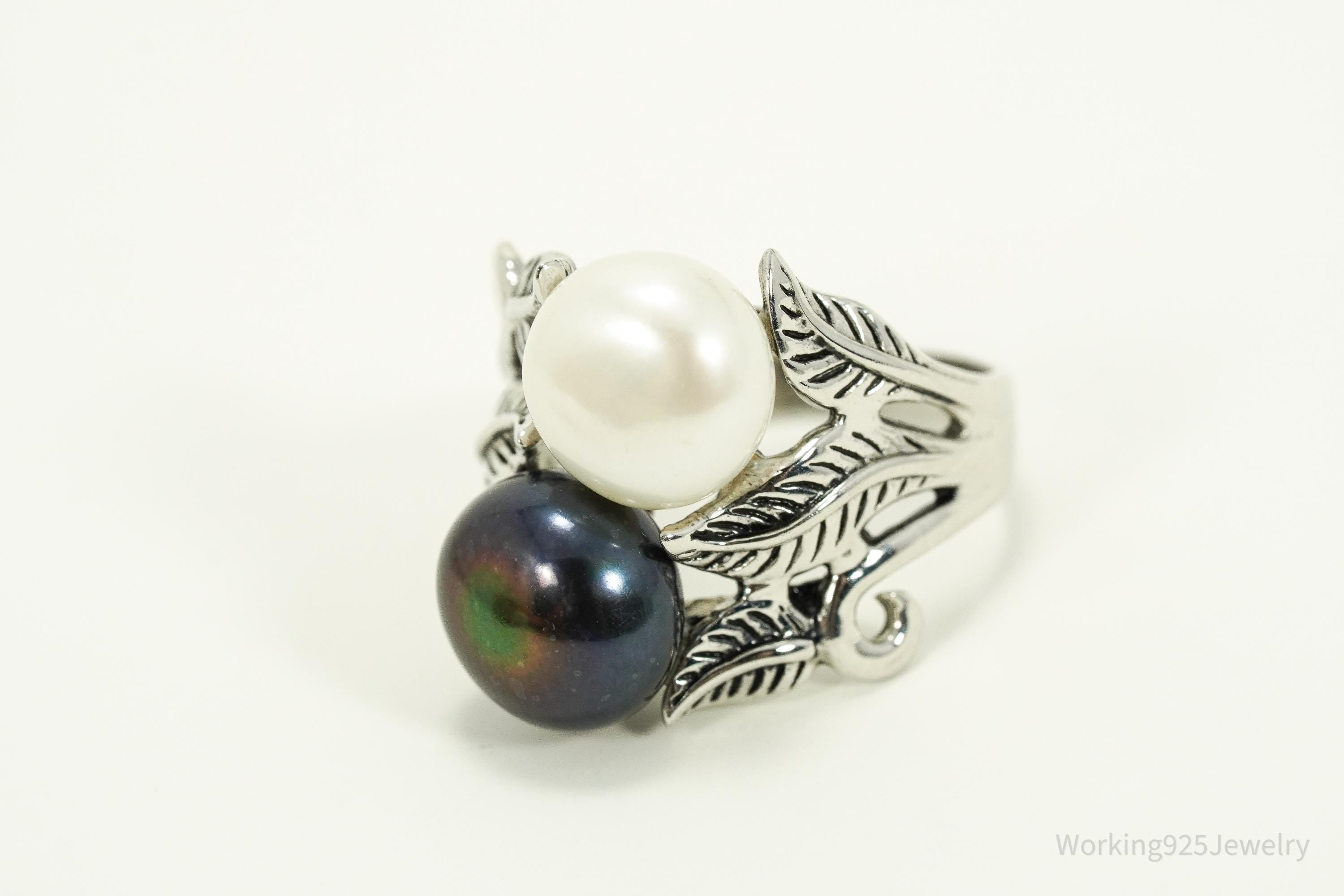 Vintage Designer CFJ White & Tahitian Pearl Sterling Silver Ring Size 7.25
