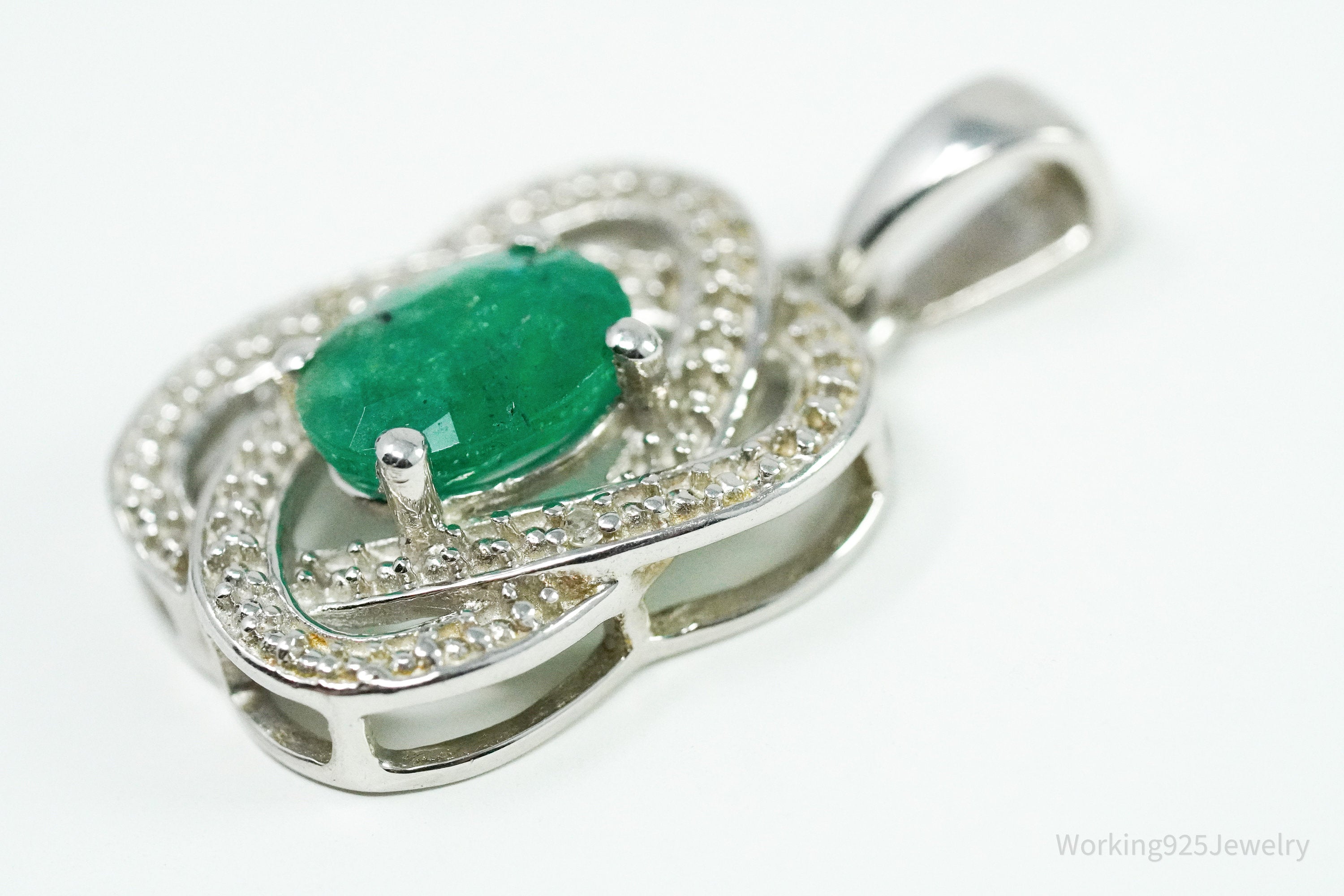 TGGC Emerald & Two Diamond Sterling Silver Necklace Pendant