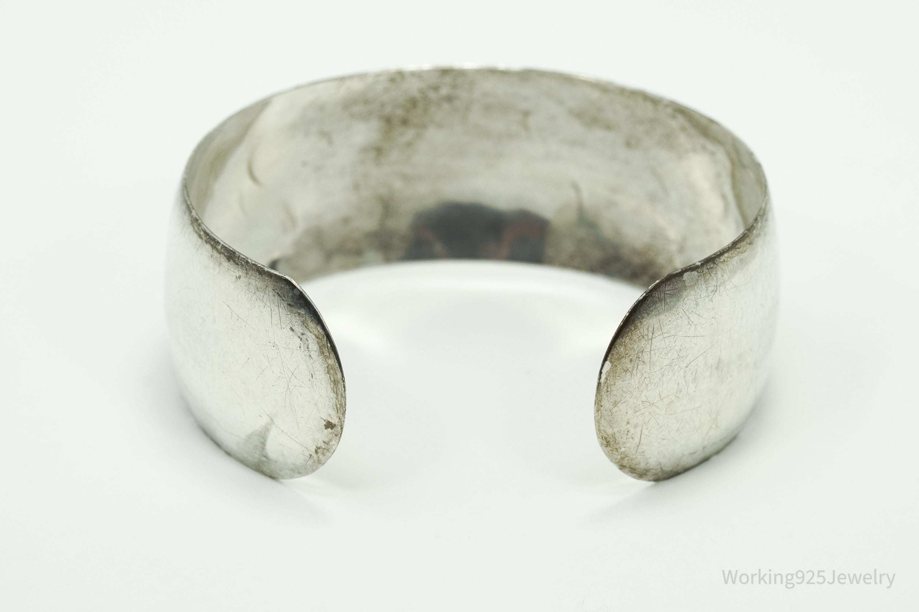 Antique Art Nouveau Floral Etched Sterling Silver Cuff Bracelet 7.25"