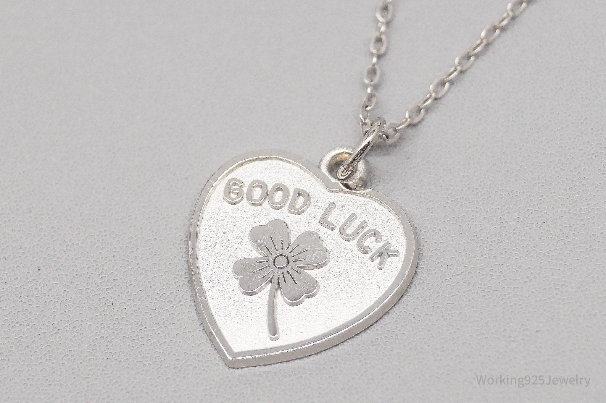 Vintage Good Luck Four Leaf Clover Heart Sterling Silver Necklace - 18"