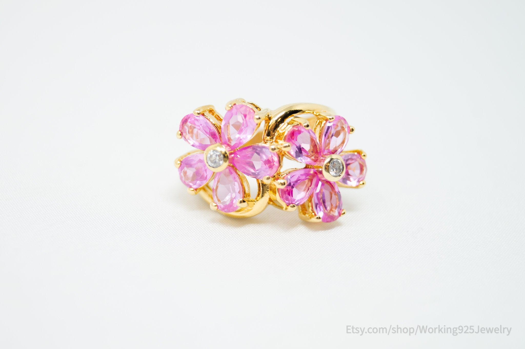 Vintage Pink Topaz Gold Vermeil CZ Statement Ring Sterling Silver - Size 5.75