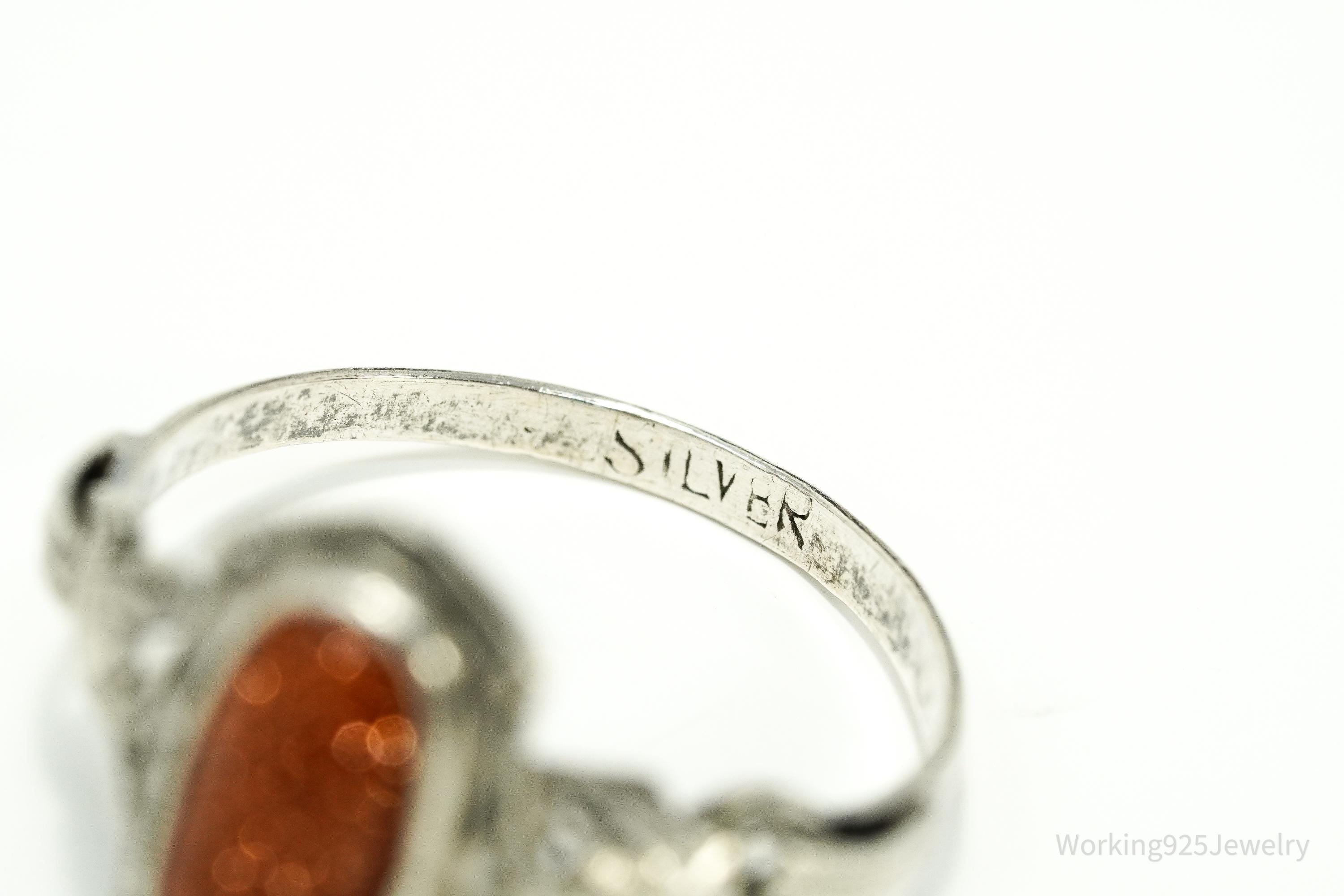 Antique Goldstone Ornate Silver Ring Size 8