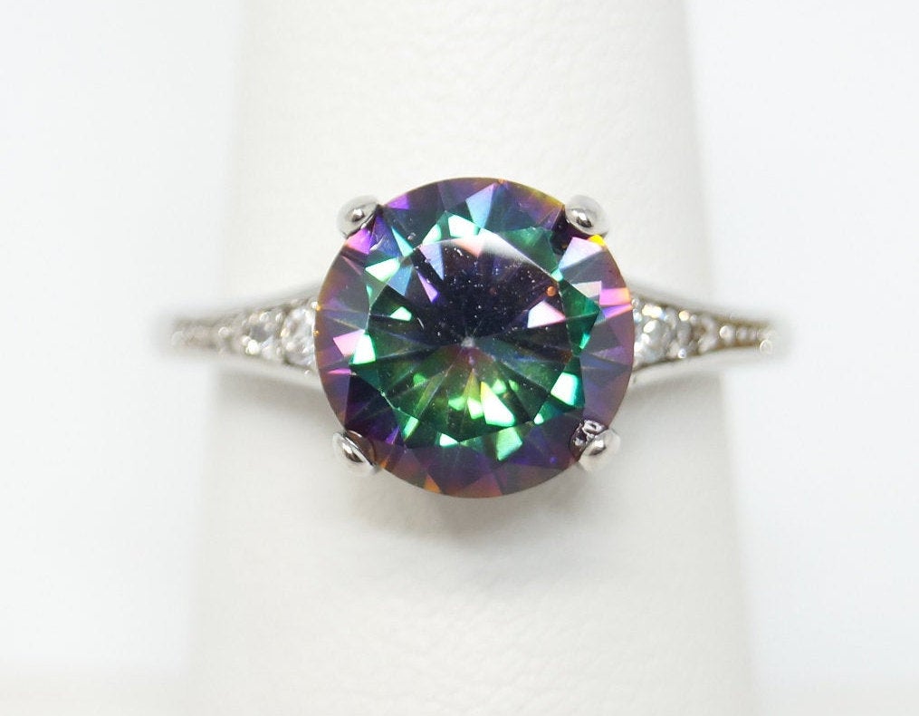 Vintage Rainbow Mystic Topaz CZ Sterling Silver Ring - Size 7