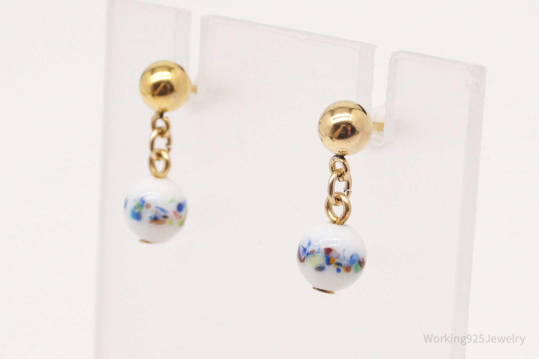 Vintage Porcelain Dangle Gold Plated Earrings