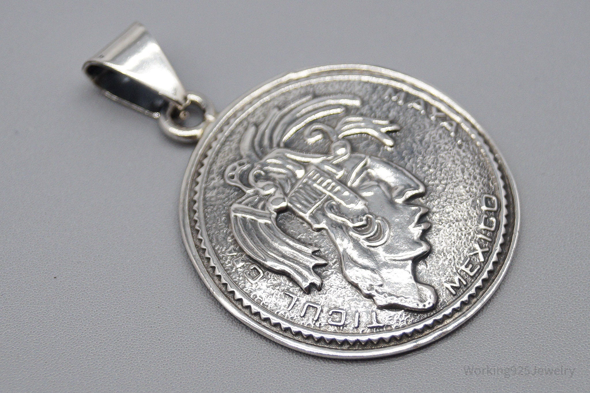 Large Vintage Mexico Mayan Warrior Sterling Silver Pendant