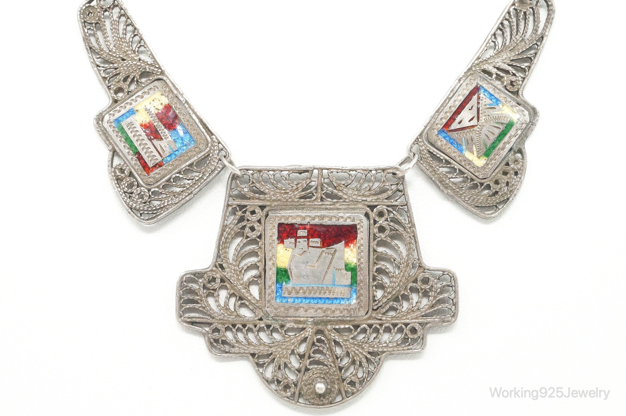 Vintage Enamel Filigree Sterling Silver Necklace