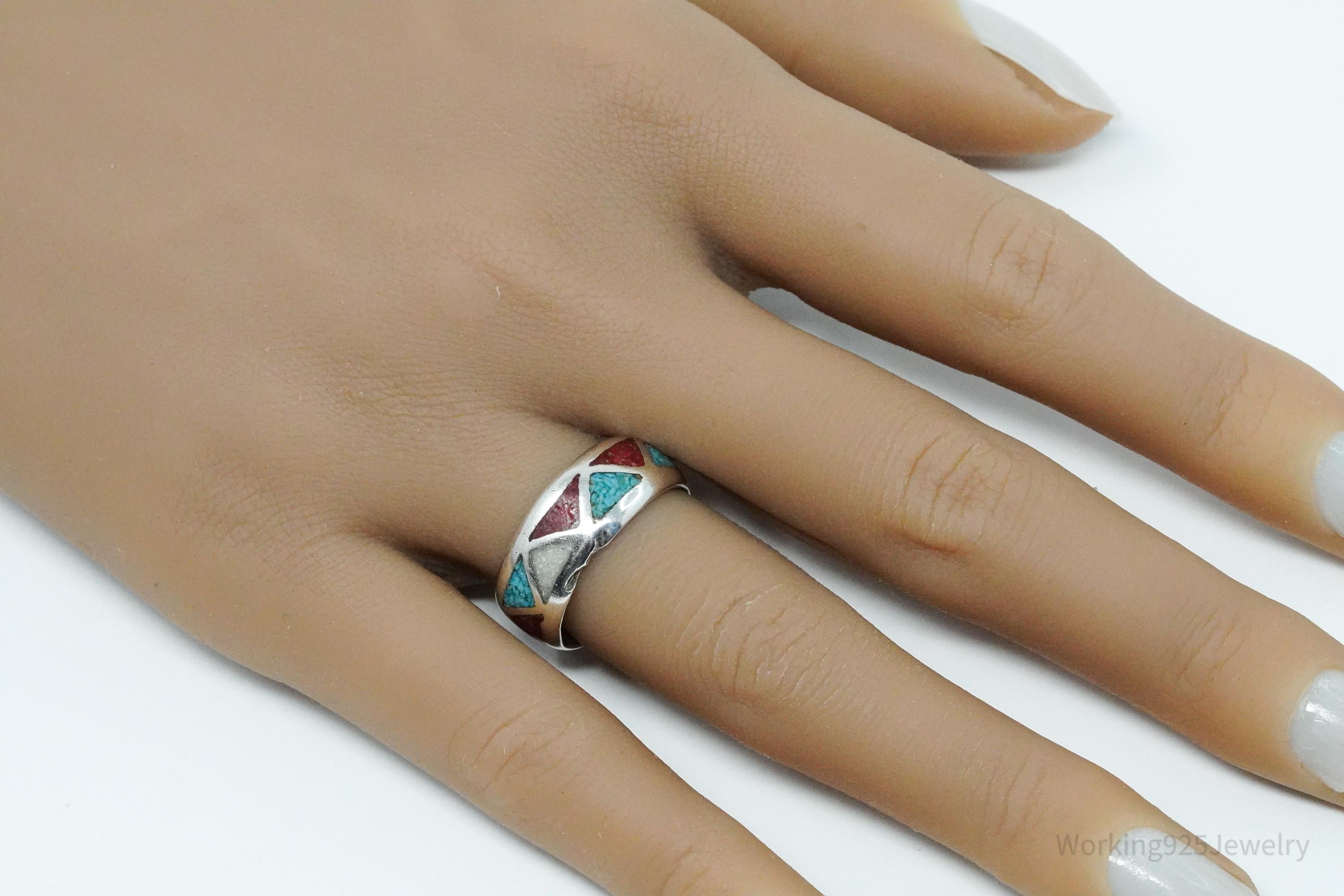 Vintage Native American Stone Inlay Unsigned Silver Ring - Size 7.25