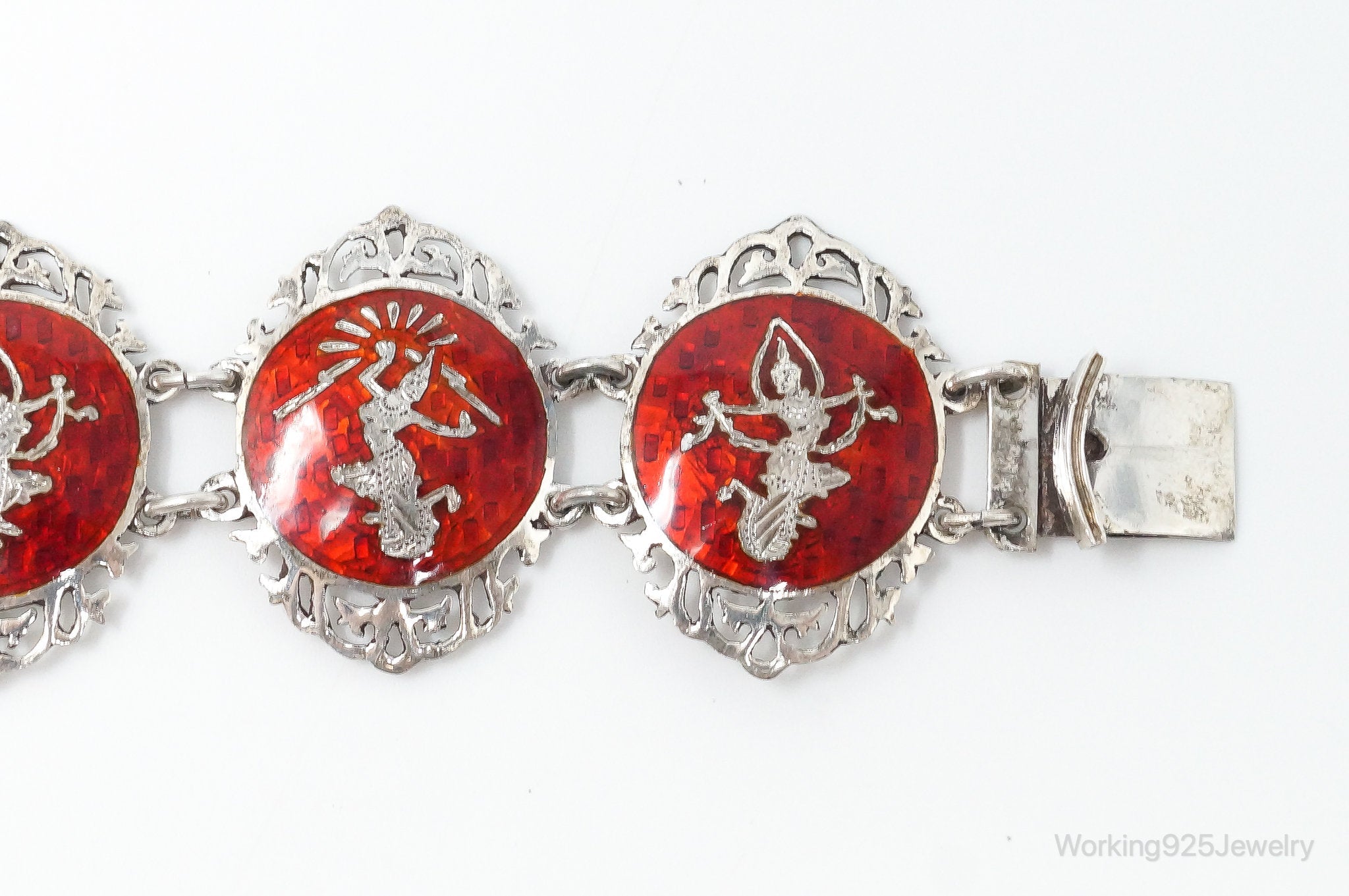 Vintage SIAM Red Enamel Lightening Dancer Sterling Silver Bracelet