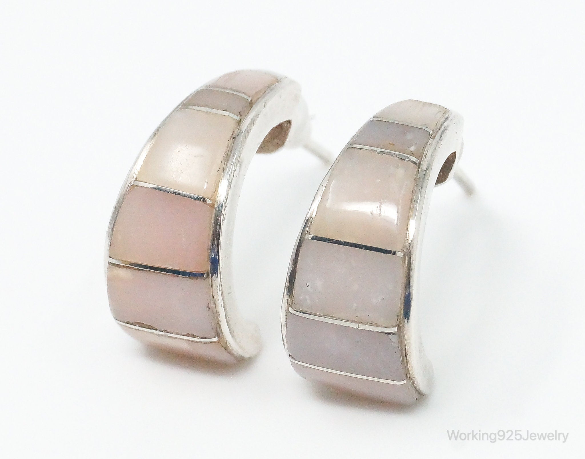 Vintage Native American Unsigned Rose Quartz Sterling Silver Hoop Earrings