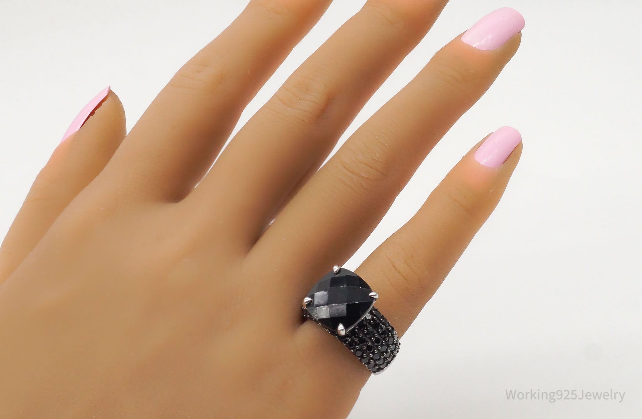 VTG Designer KJC Black Spinel Sterling Silver Ring - Size 6