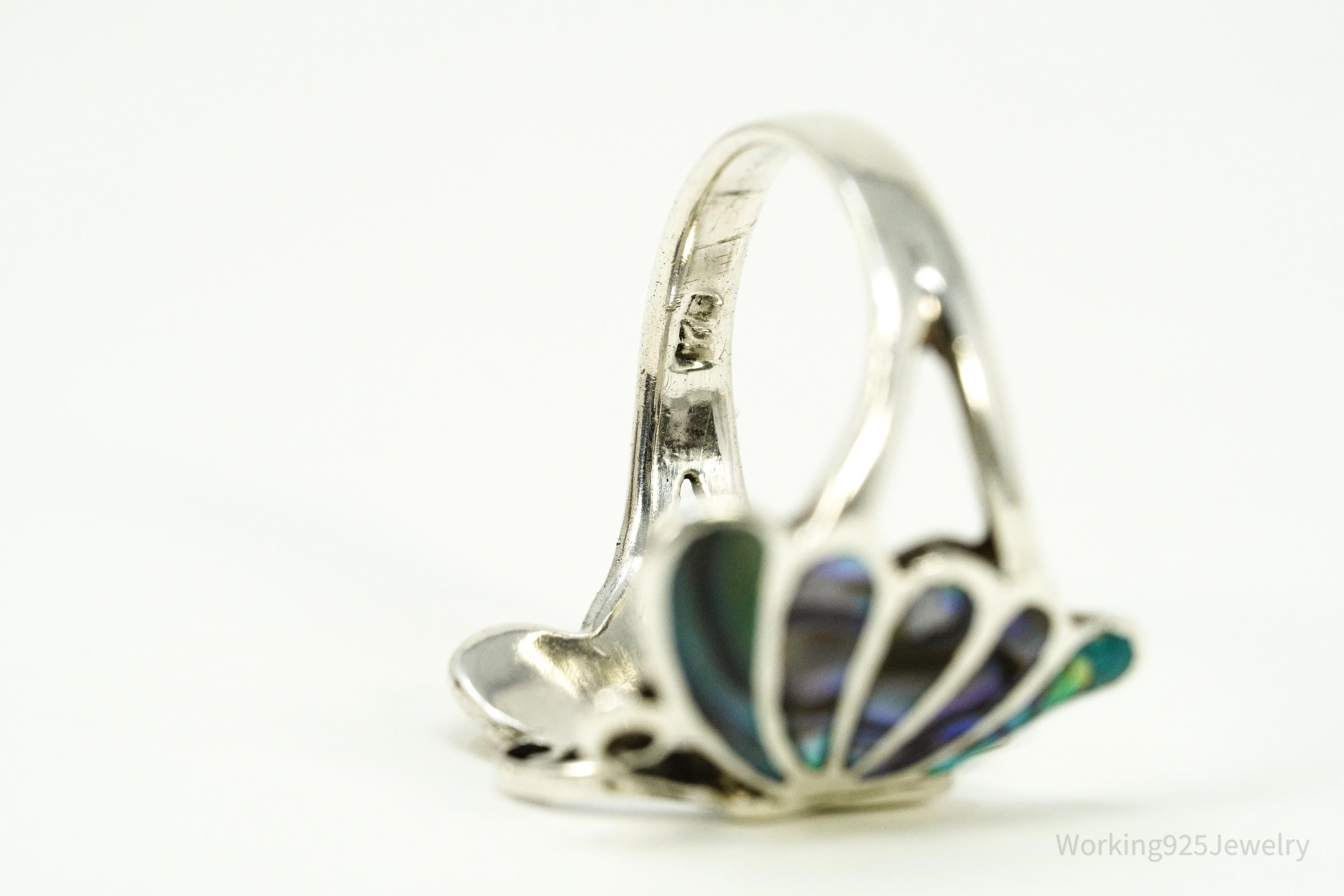 Vintage Abalone Paua Shell Inlay Sterling Silver Butterfly Ring - Size 7