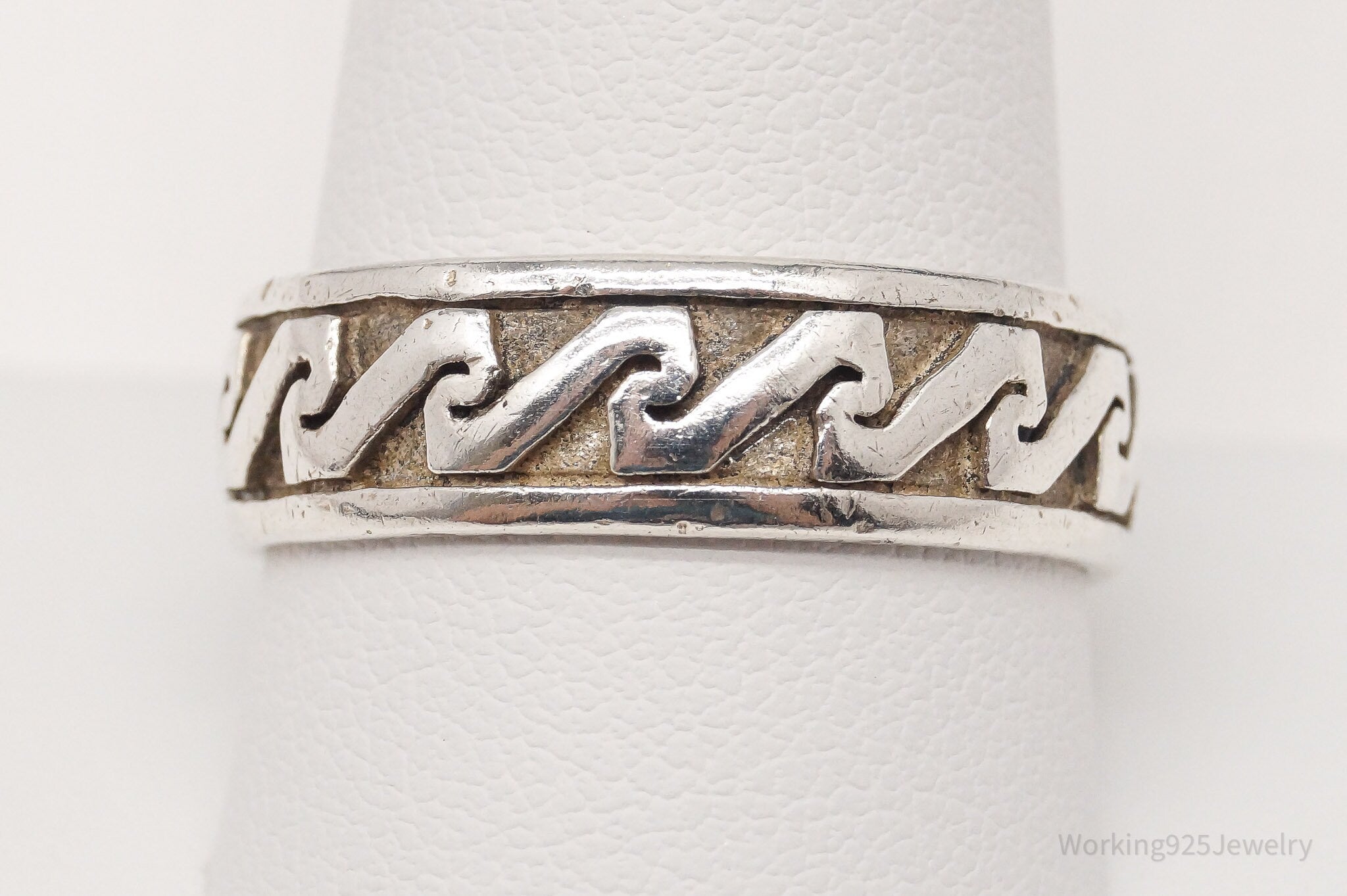 Vintage Aztec Motif Sterling Silver Band Ring - Size 10.75