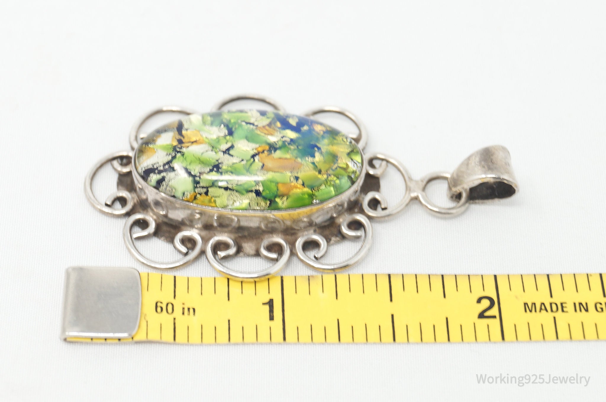 Vintage Large Mexico Dichroic Glass Flower Sterling Silver Necklace Pendant