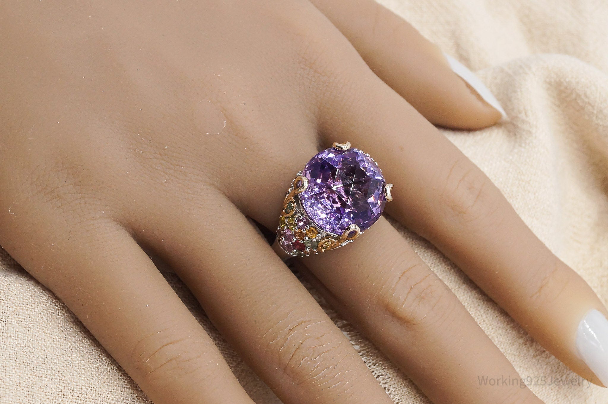 Vintage Large Amethyst Multi Color Sapphire & Diamond Gold Sterling Silver Ring - Size 9.75