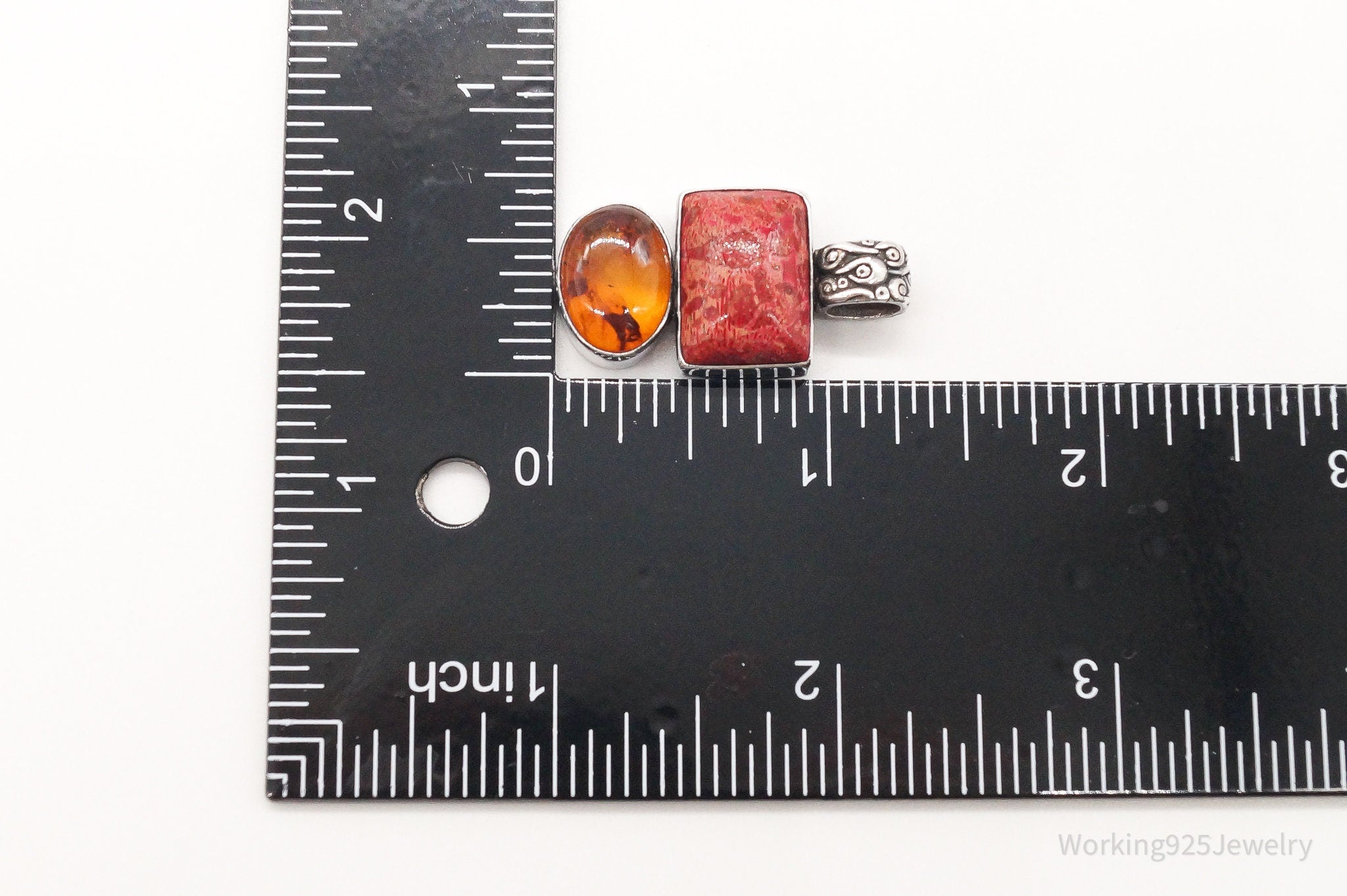 Vintage Red Coral Amber Sterling Silver Pendant