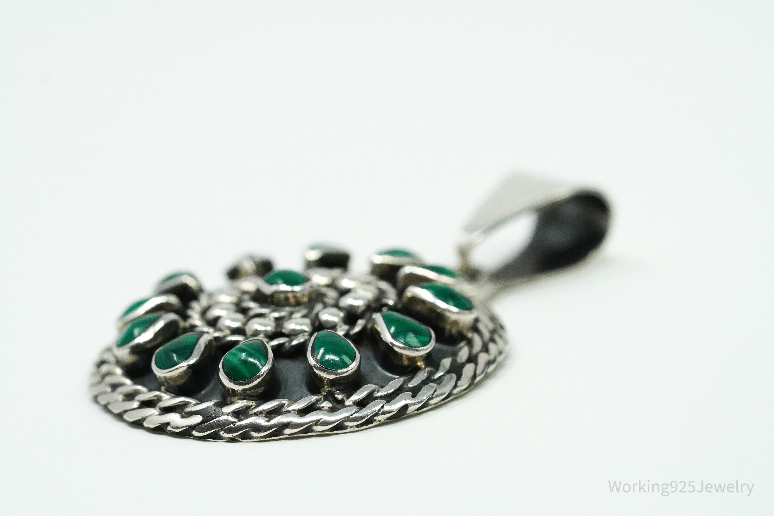 Vintage Large Mexico Malachite Sterling Silver Pendant 1 5/8"
