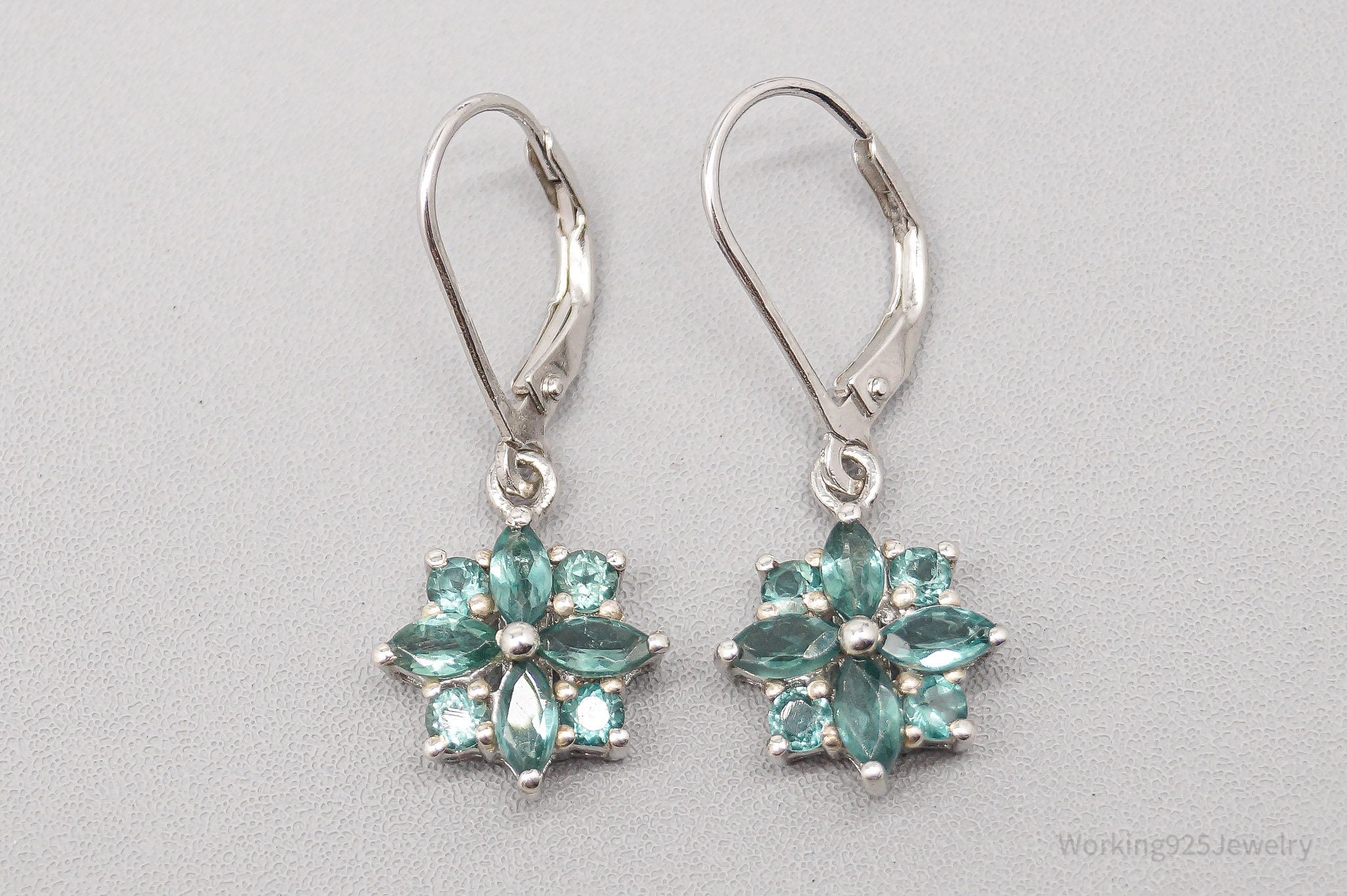 Vintage Teal Gemstone Sterling Silver Flower Earrings