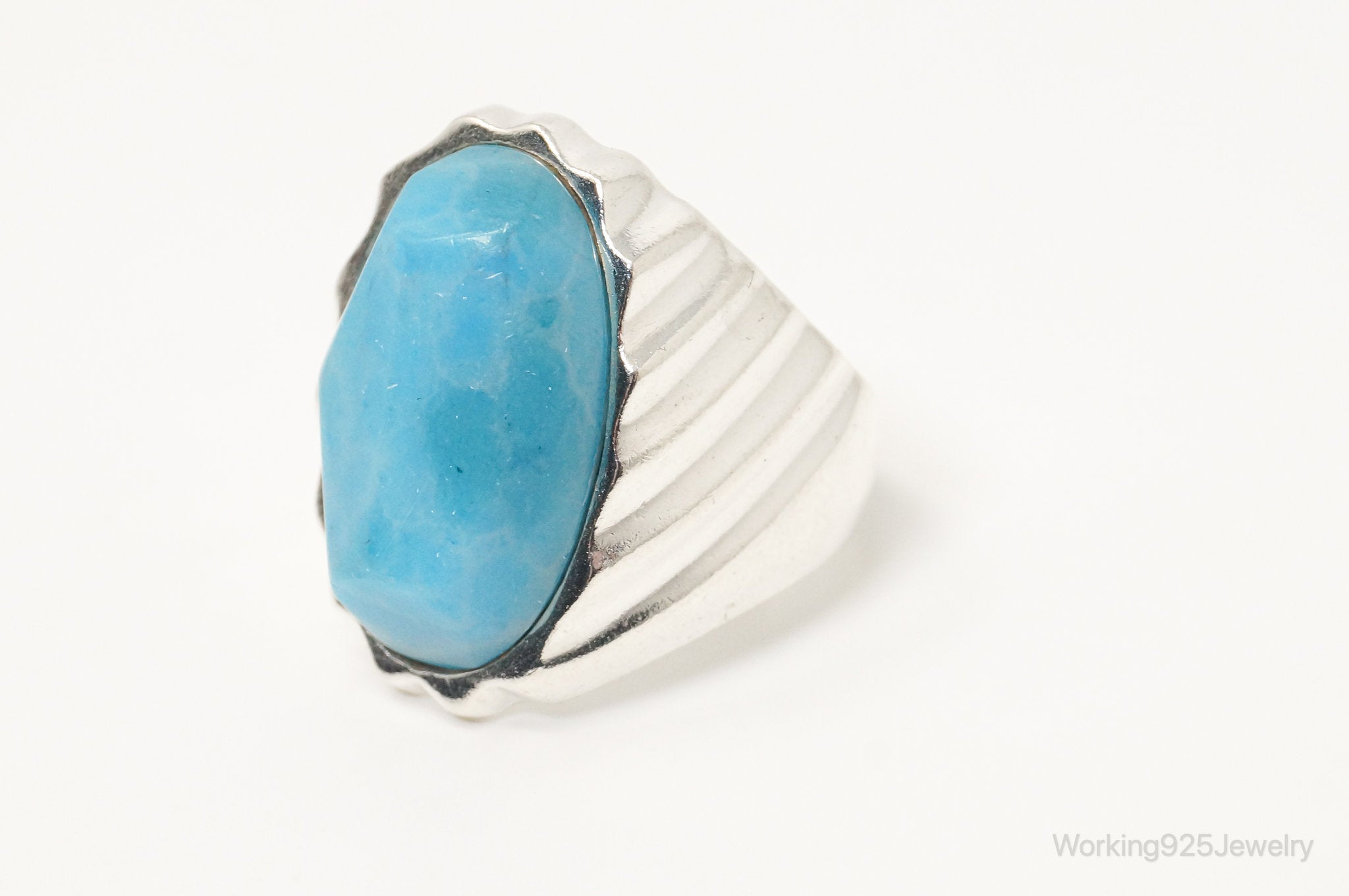 Vintage Mexico Blue Larimar Modern Sterling Silver Ring - Sz 10.5