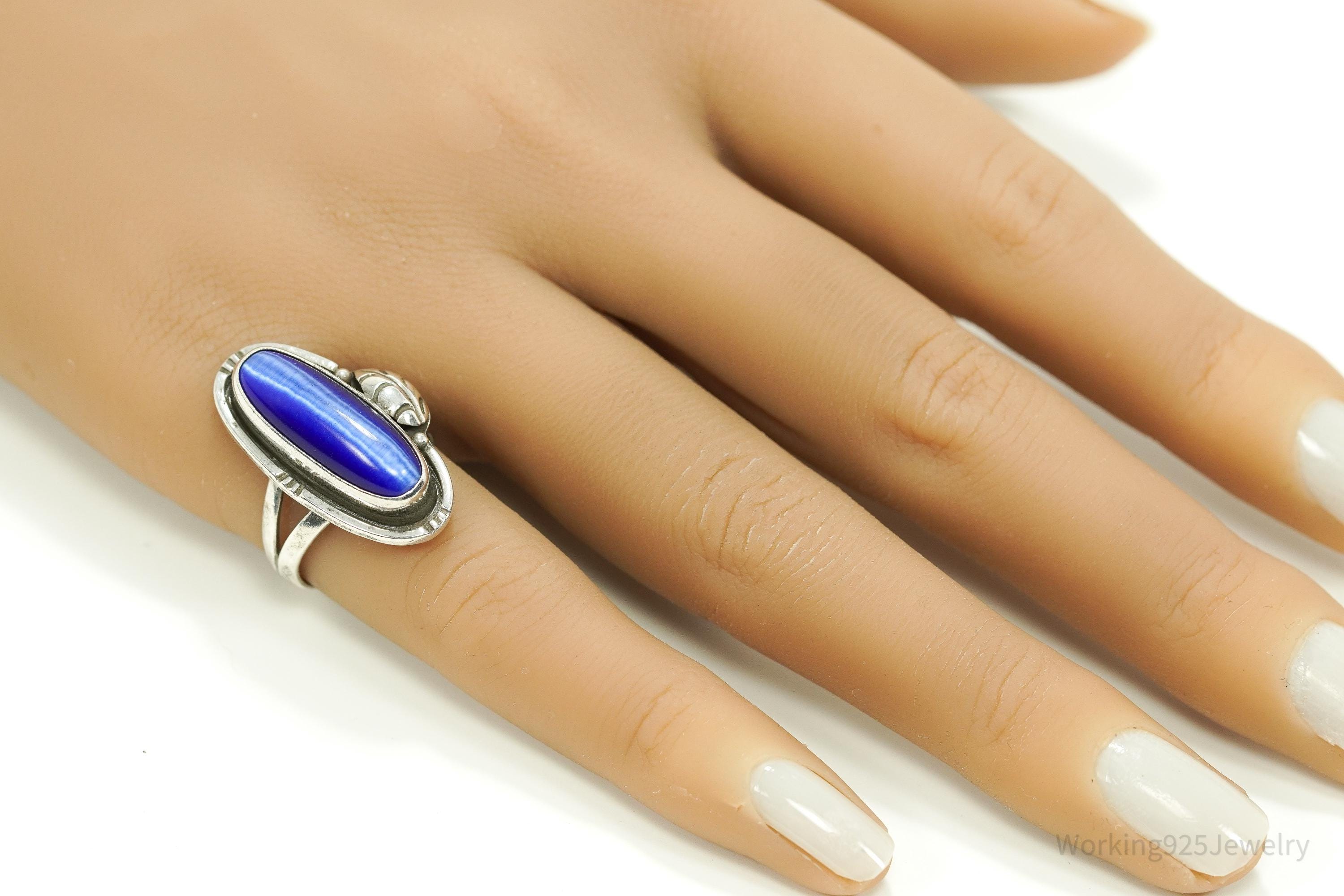 Vintage Mexico Blue Tigers Eye Sterling Silver Ring - Size 6.75