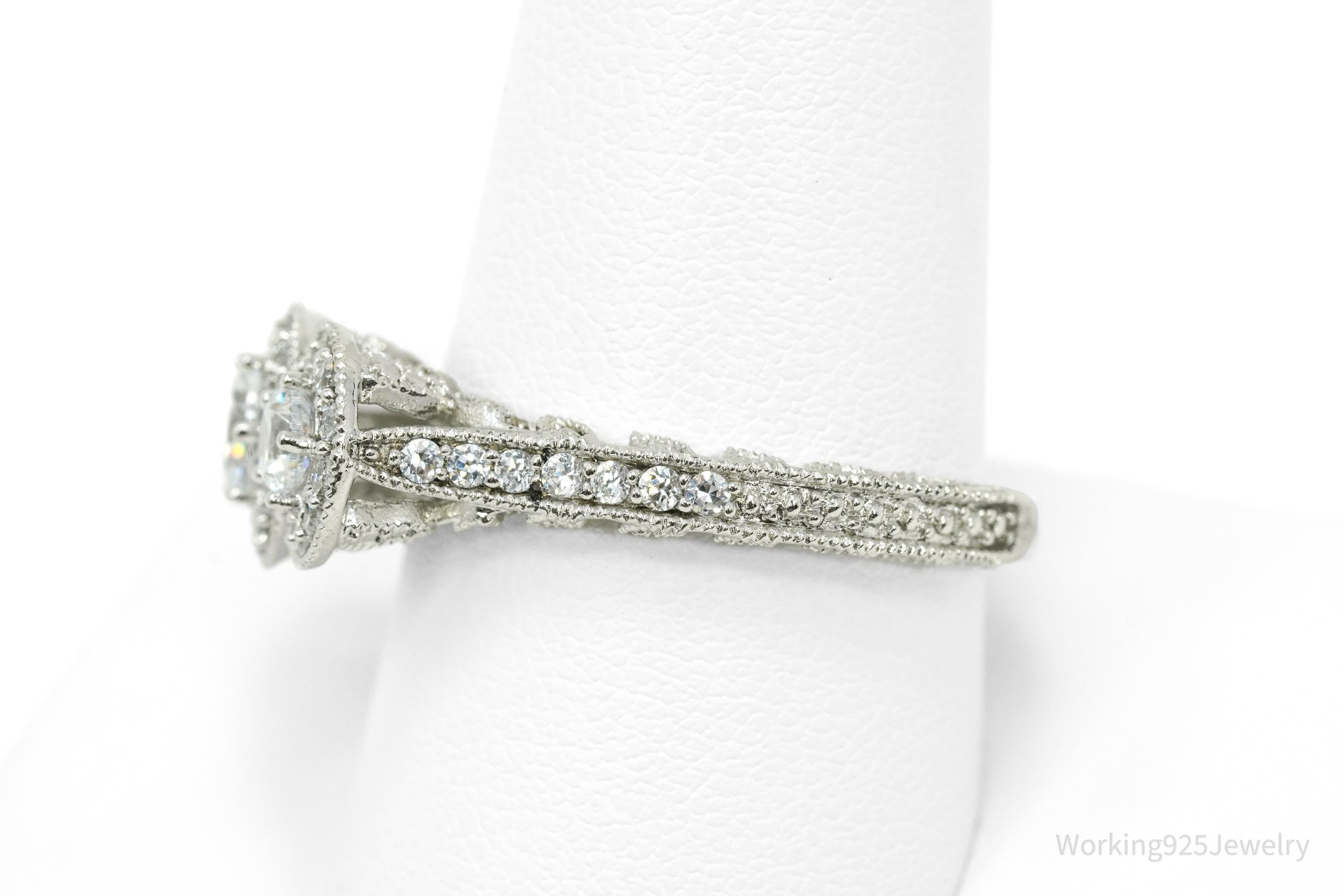 Designer STAUER Three Stone Halo Cubic Zirconia Sterling Silver Ring - Size 10