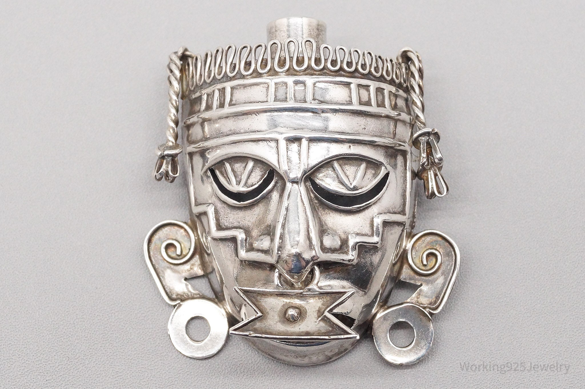 Large Vintage Mexico Aztec Warrior Mask Sterling Silver Brooch Pin Pendant