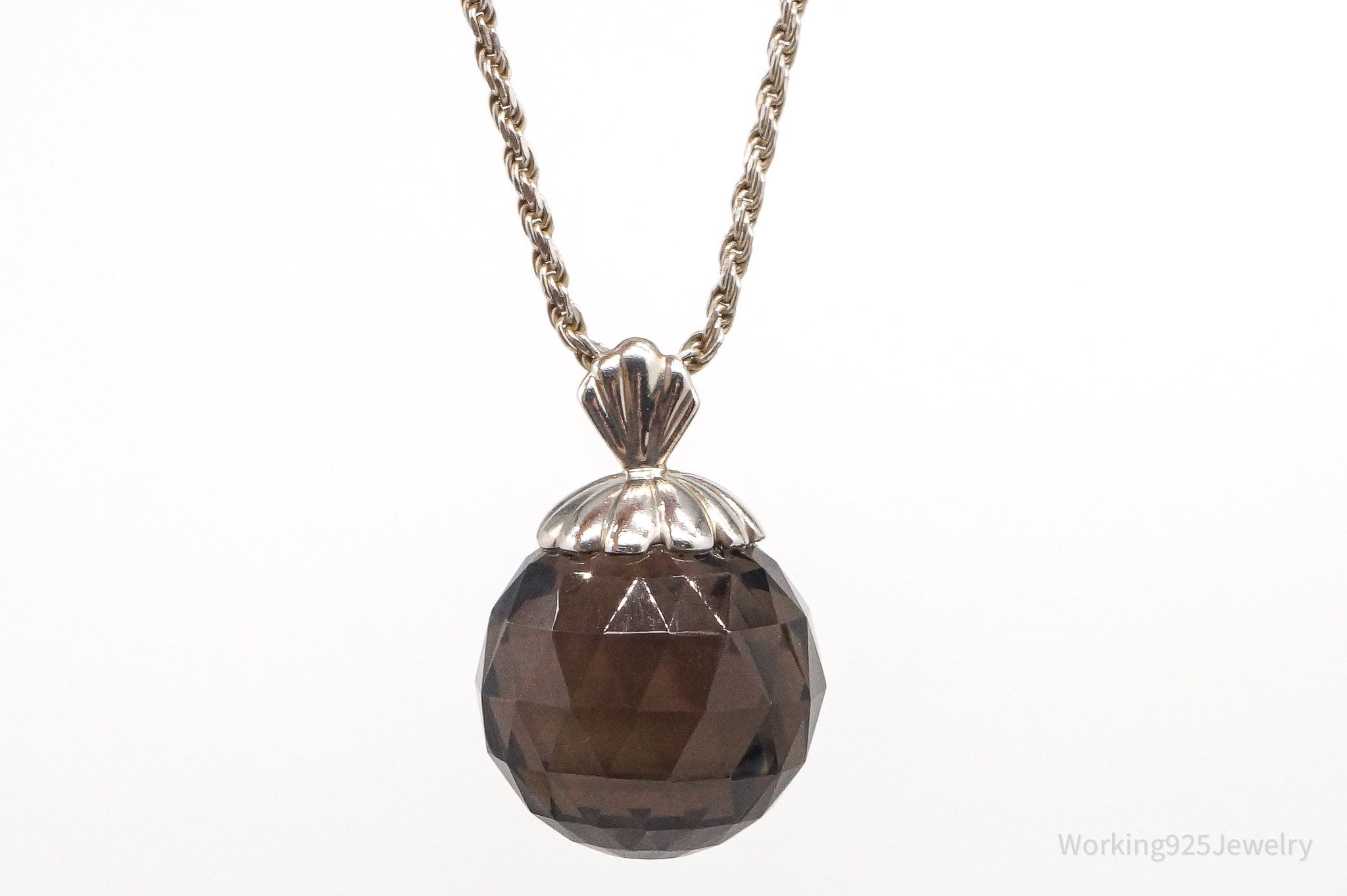 Vintage Large Smoky Topaz Sterling Silver Necklace 18"