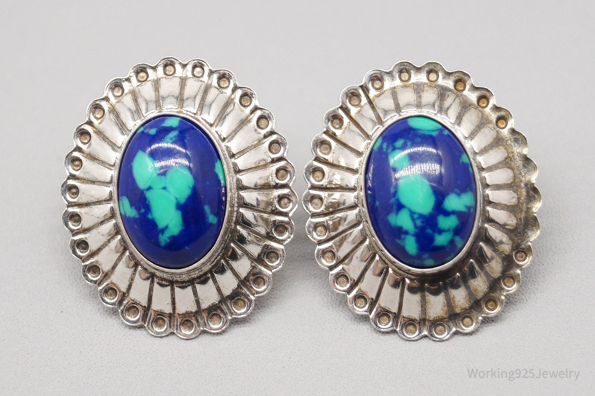 Vintage Native American Azurite Malachite Sterling Silver Earrings