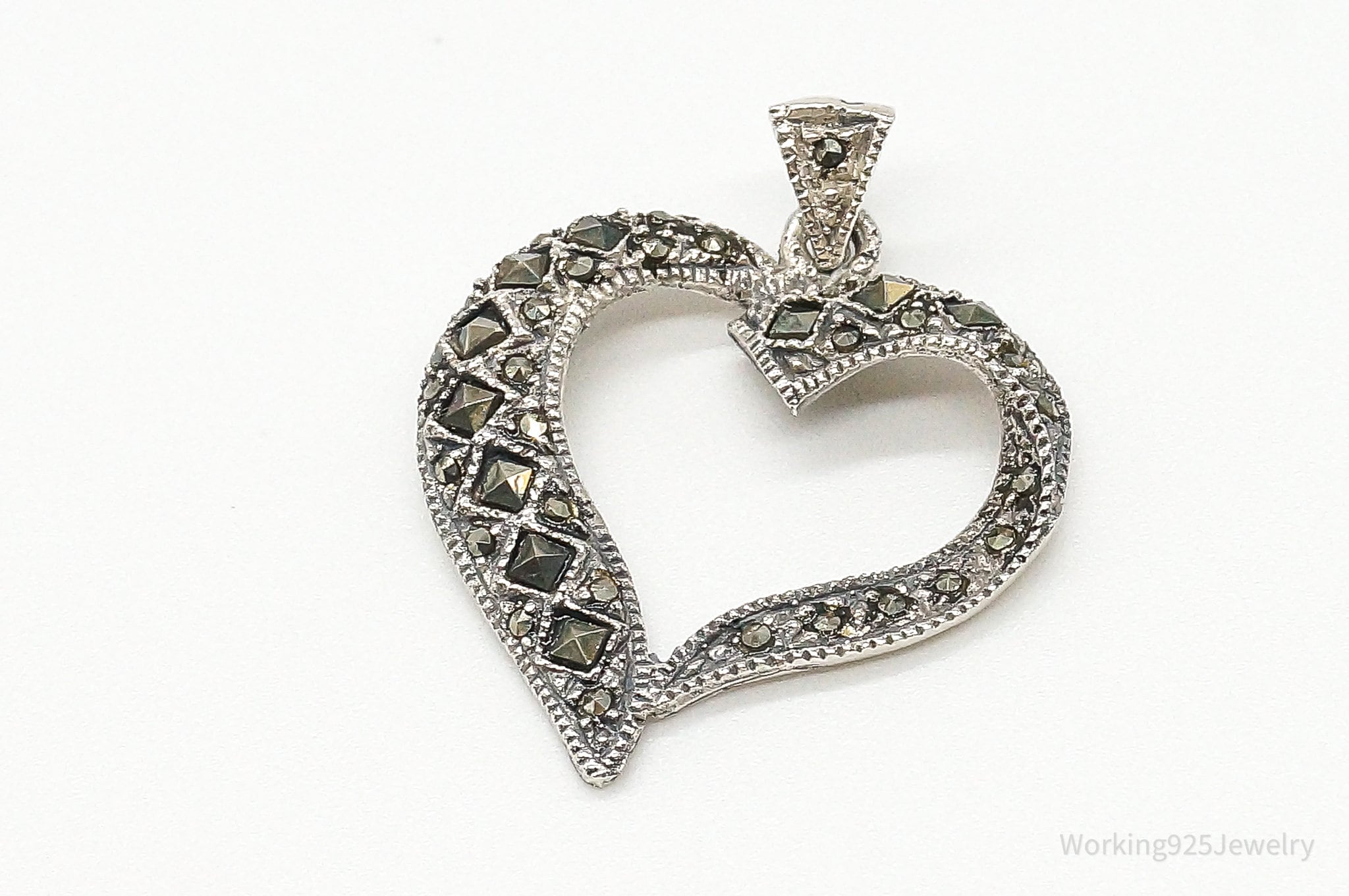 Vintage Marcasite Heart Cut Out Art Deco Sterling Silver Pendant