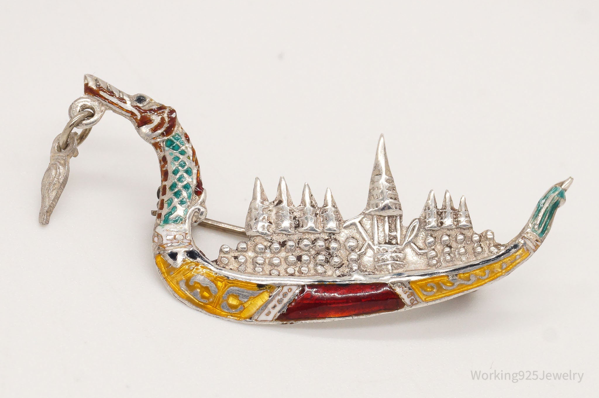 Vintage Siam Suphanahongse Viking Ship Enamel Sterling Silver Brooch