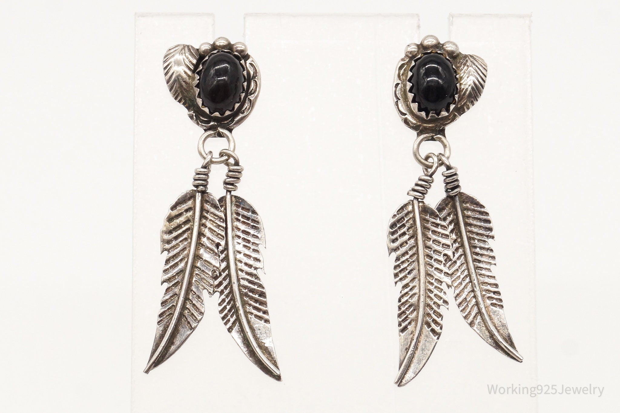 Vintage Native American Black Onyx Sterling Silver Earrings