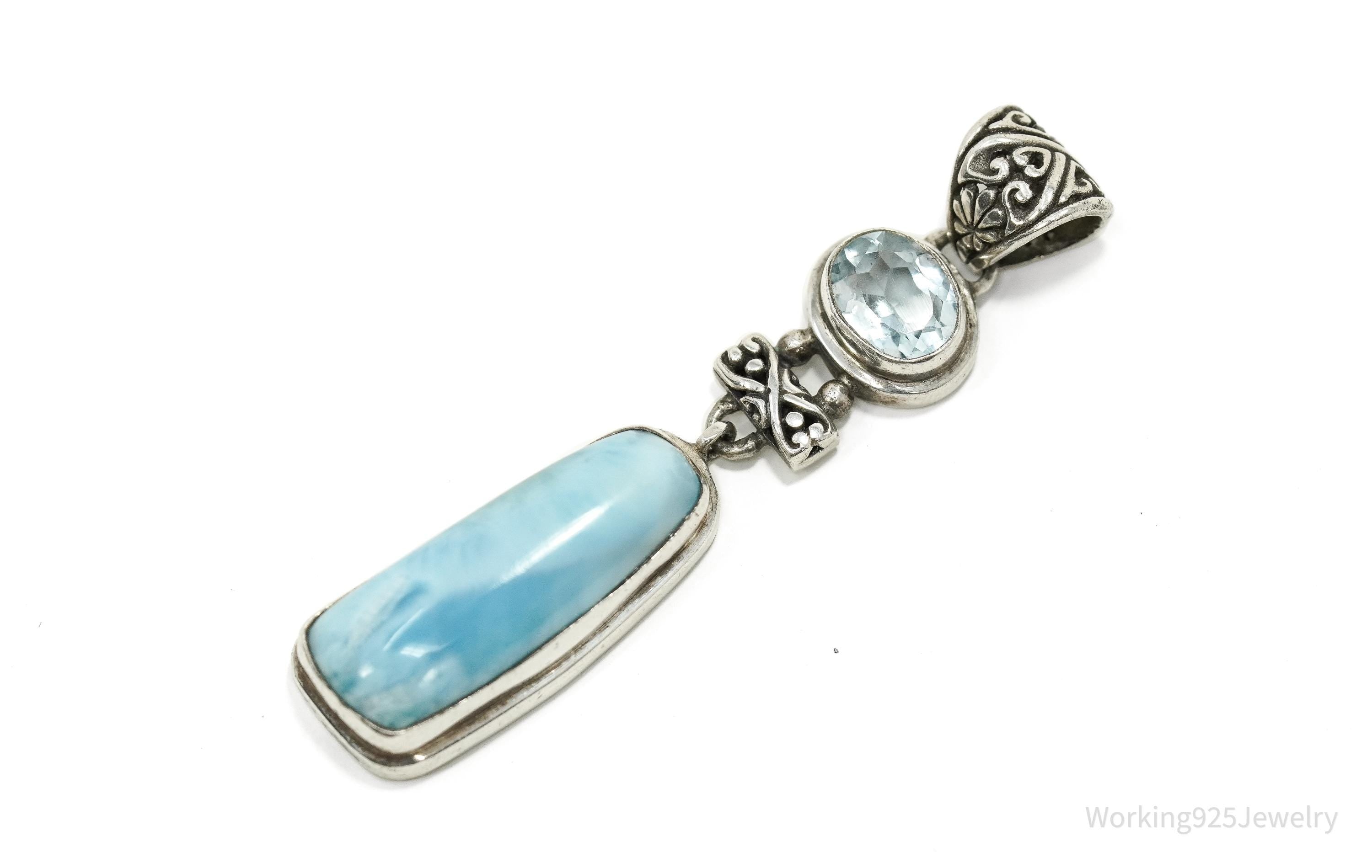 Vintage Large Blue Larimar & Blue Topaz Sterling Silver Pendant 2 3/8"