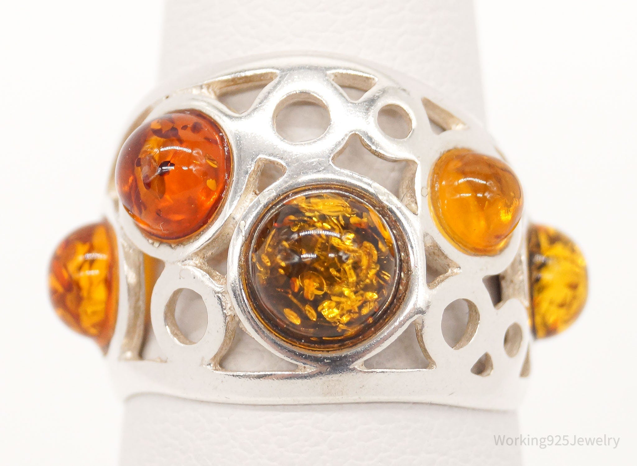 Vintage Modernist Multi Type Amber Gemstone Sterling Silver Ring - Size 4.75