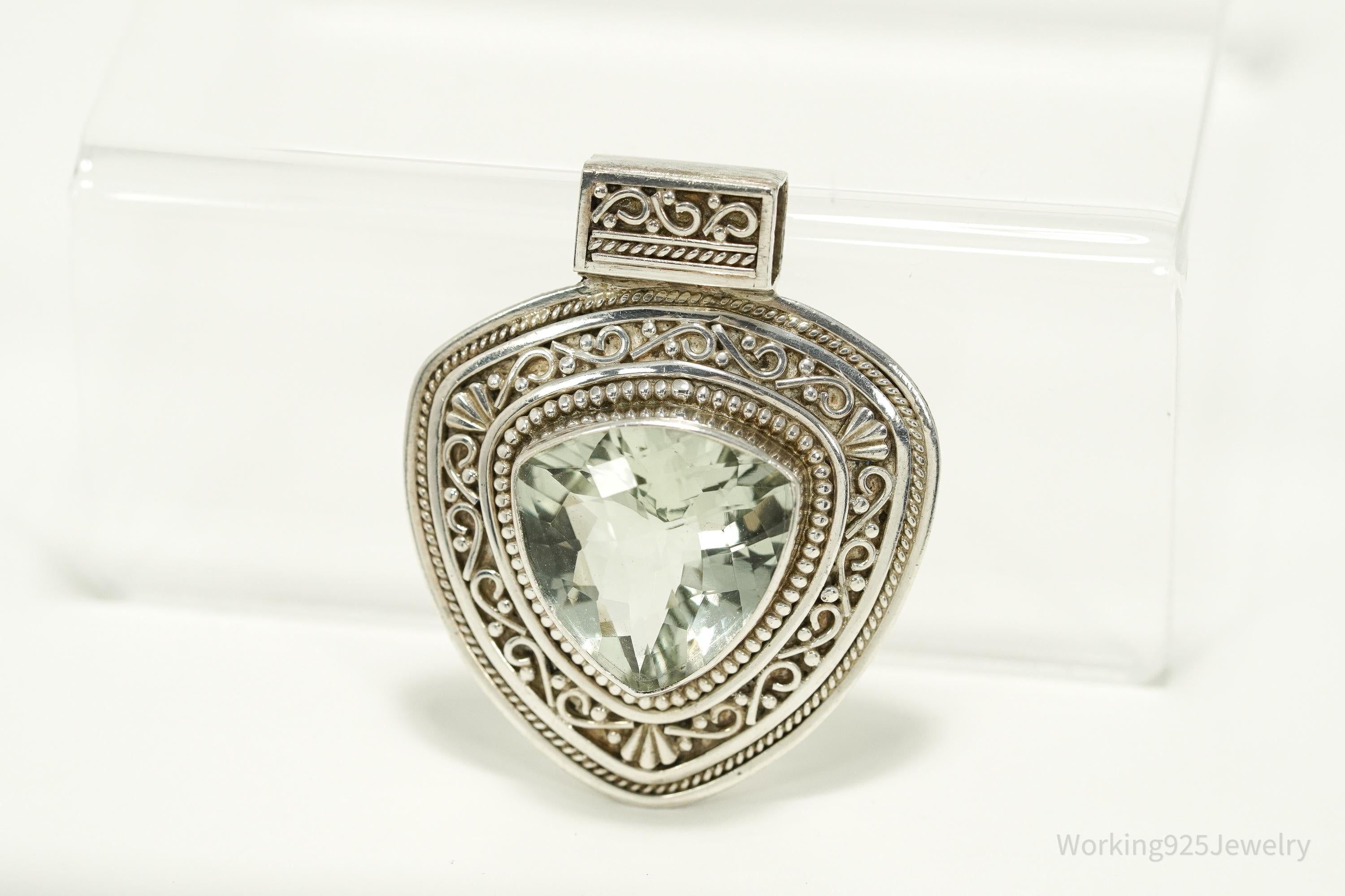 Vintage Nepal Large Prasiolite Sterling Silver Necklace Pendant