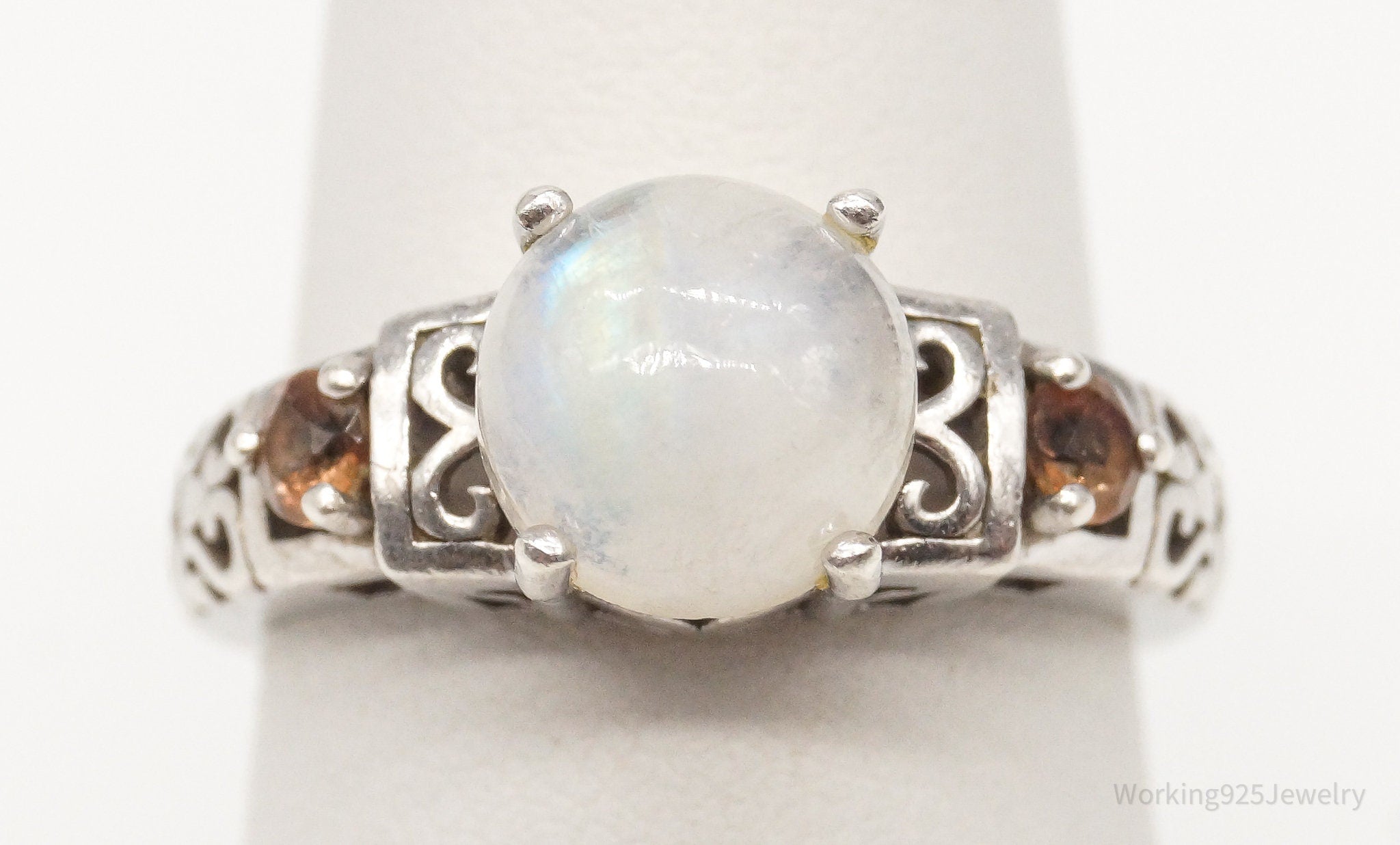 Vintage Moonstone Smoky Topaz Sterling Silver Ring - Size 6.75