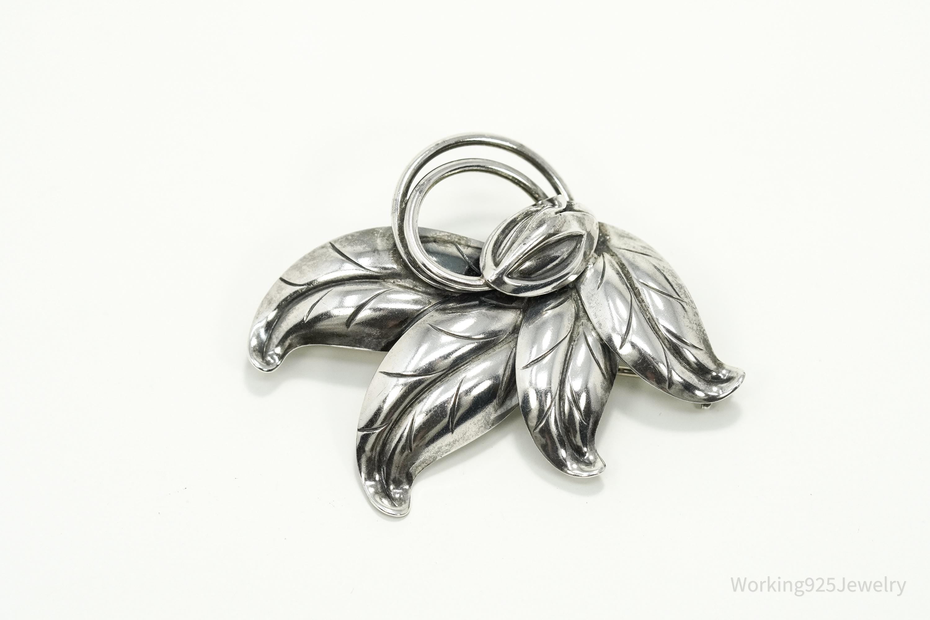 Large Vintage Denmark Hermann Siersbol Modernist Floral Sterling Silver Pin Brooch