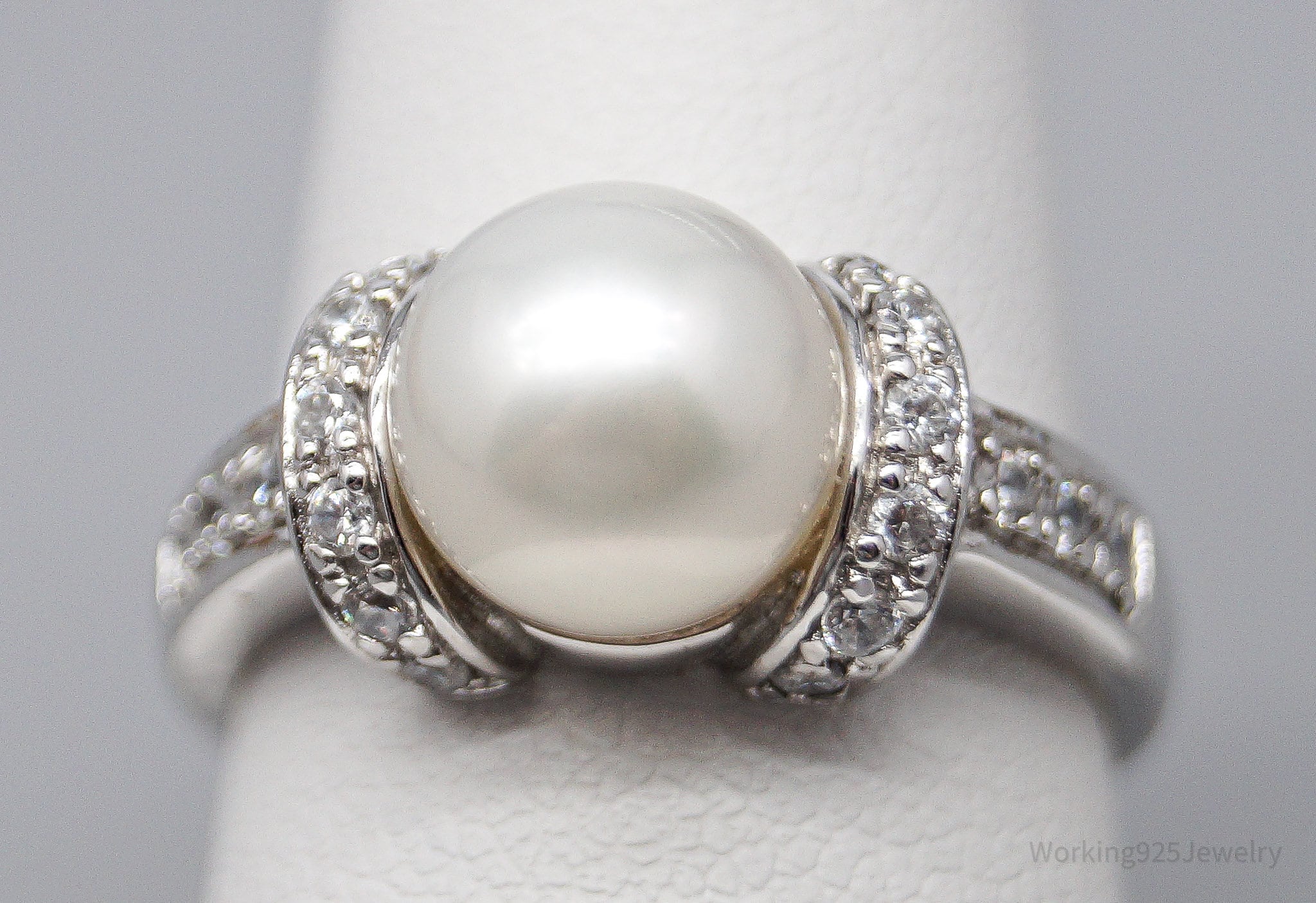 Vintage Ross Simons Pearl & Cubic Zirconia Sterling Silver Ring - Size 7