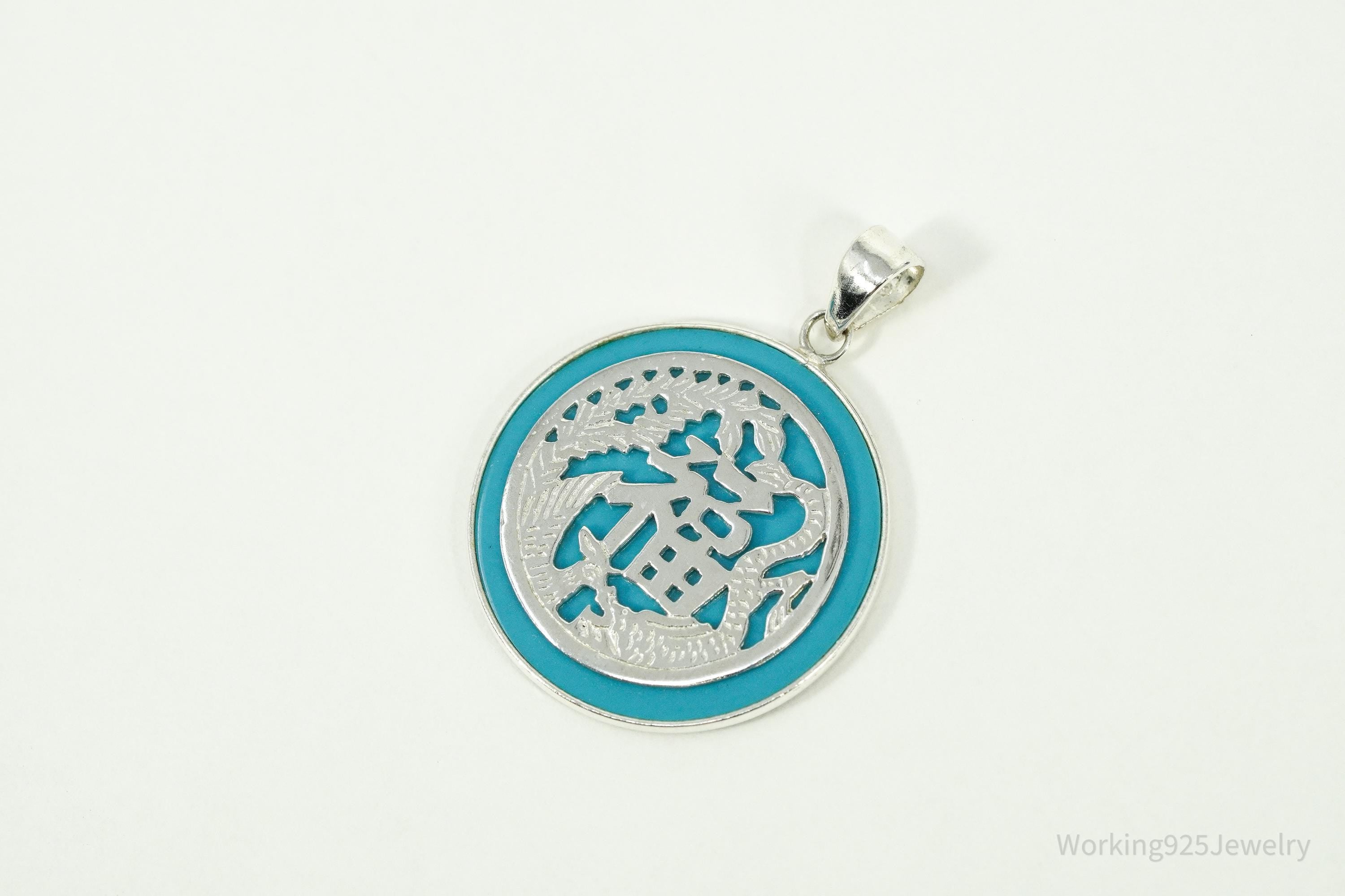 Vintage Chinese Fortune Good Luck Turquoise Sterling Silver Necklace Pendant 1 1/8"